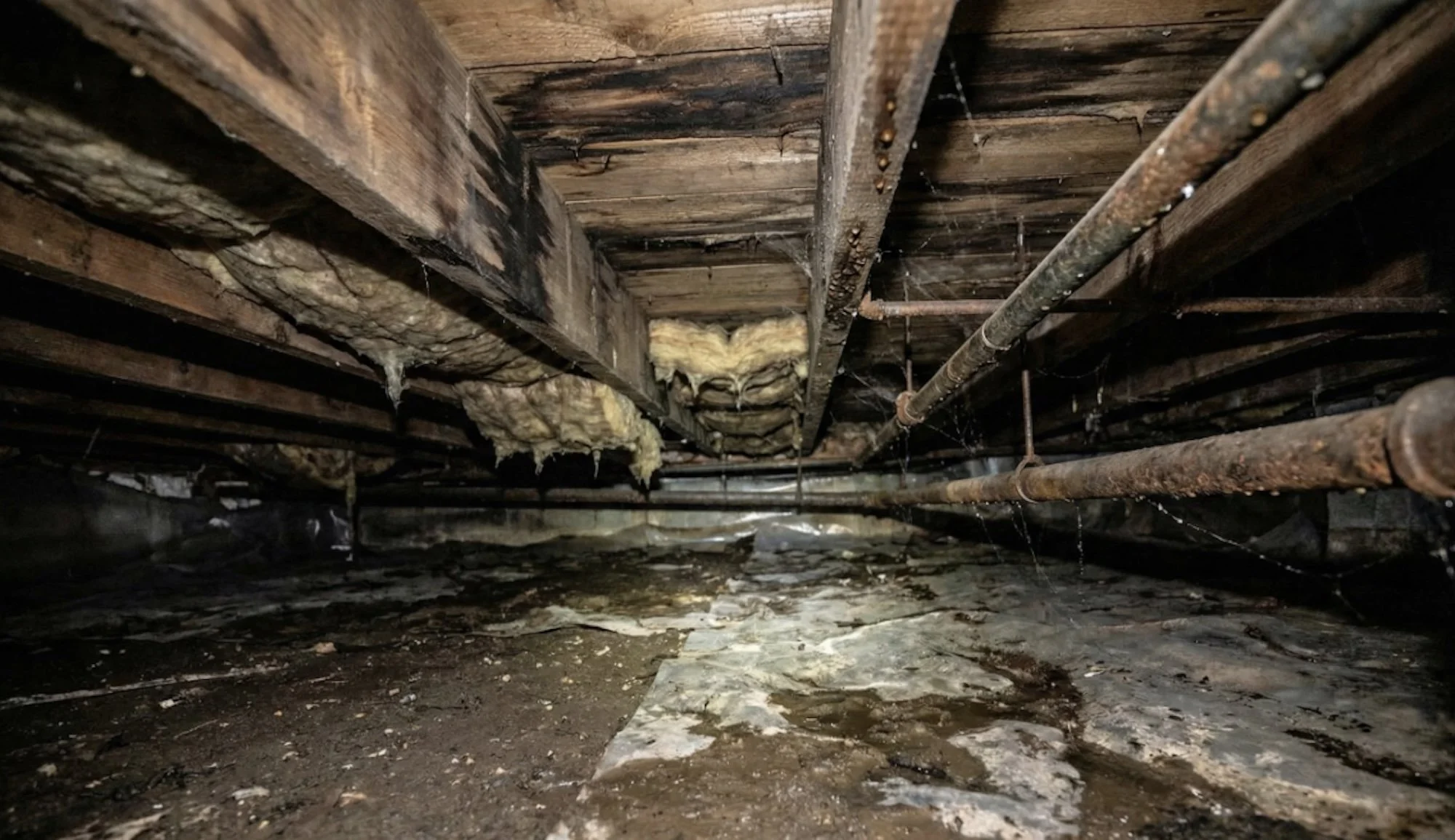 rotting wood and mold damage in crawlspace caused by excess moisture