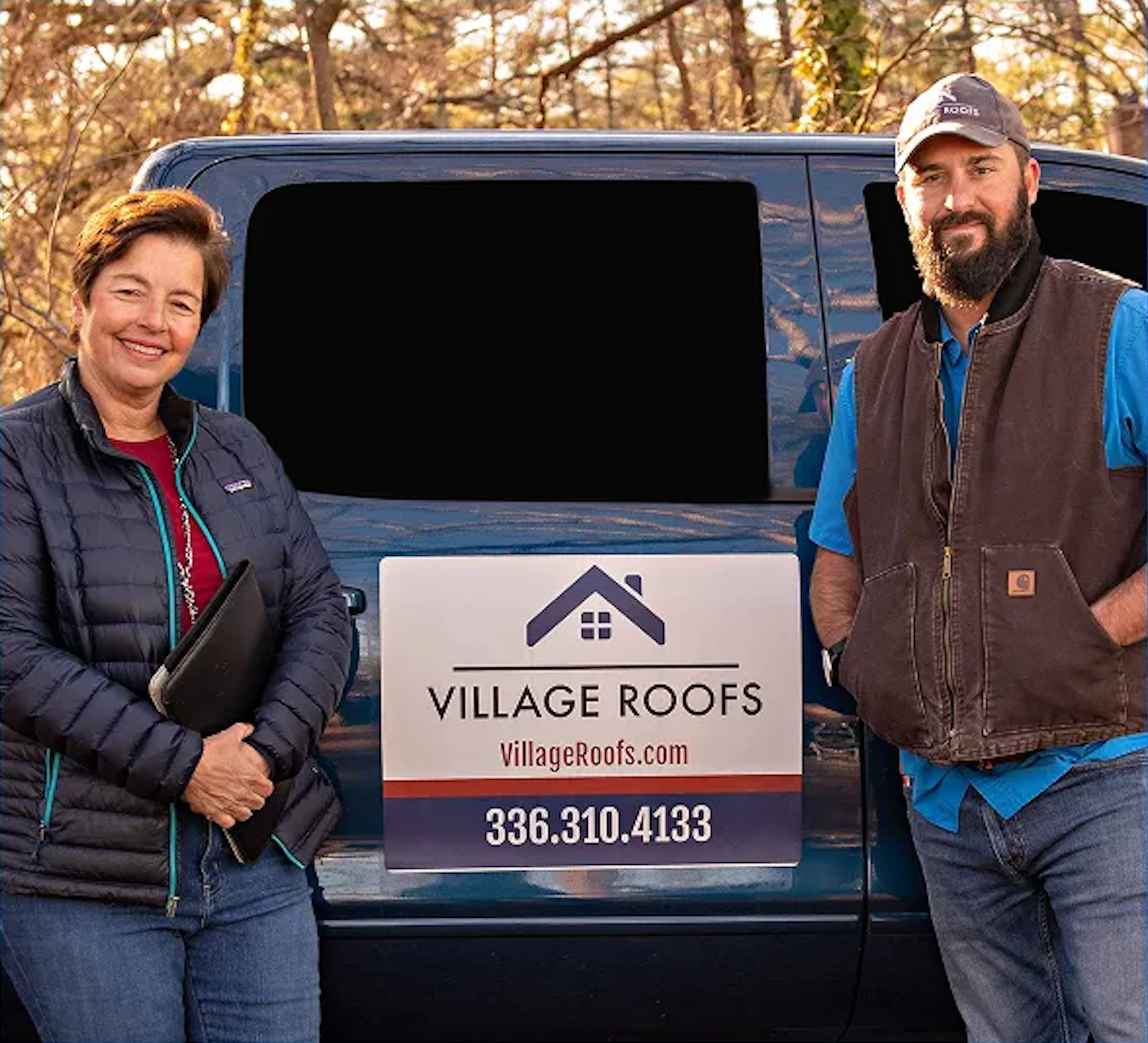 Two people standing outside in autumn, enjoying time freedom while Pivotal Sales Management gets consistent sales for them.