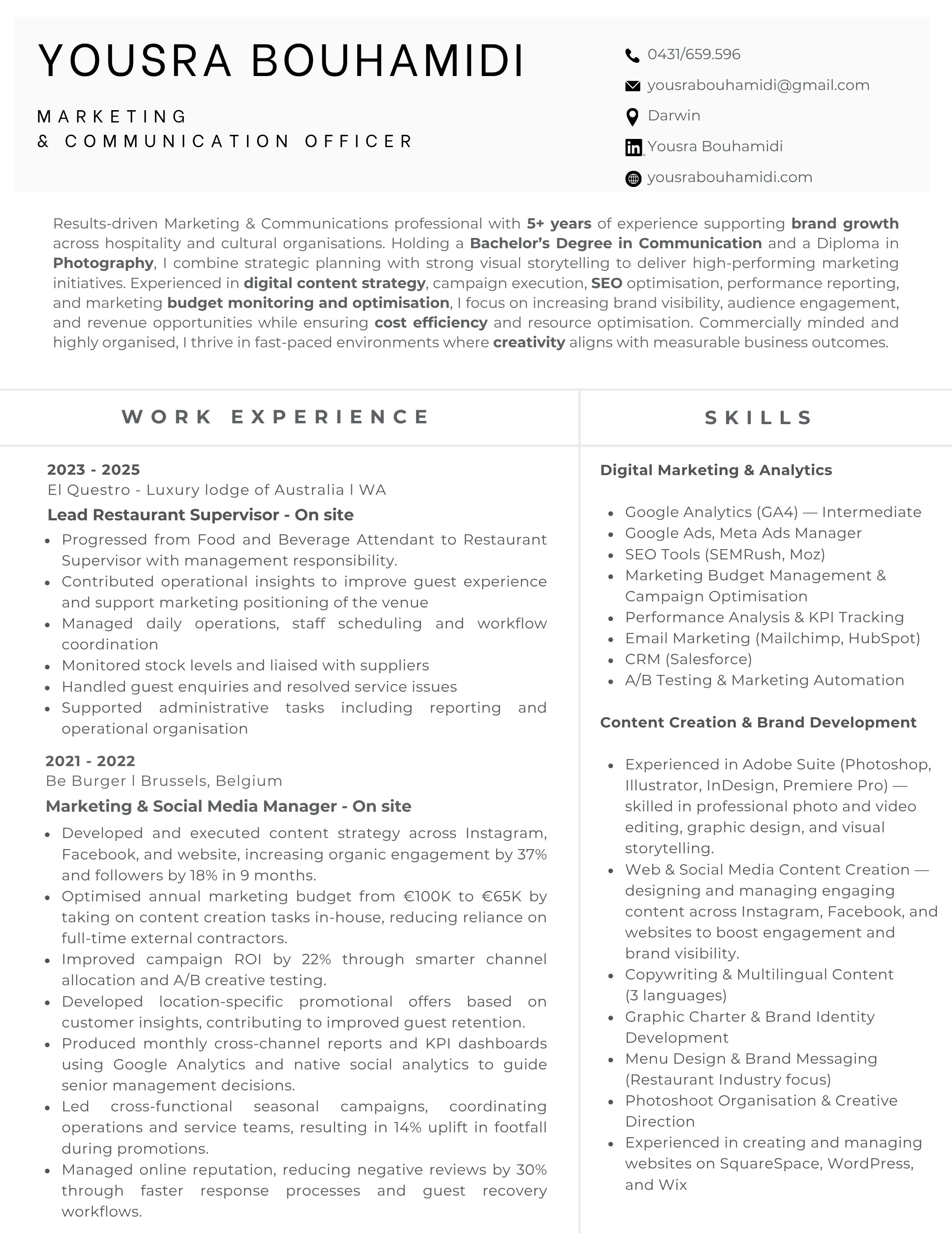 Business card for Yousra Bouhamidi, a marketing and communication officer, includes contact info, location in Darwin, skills in digital marketing and brand development, and work experience at El Questro and Be Burger.