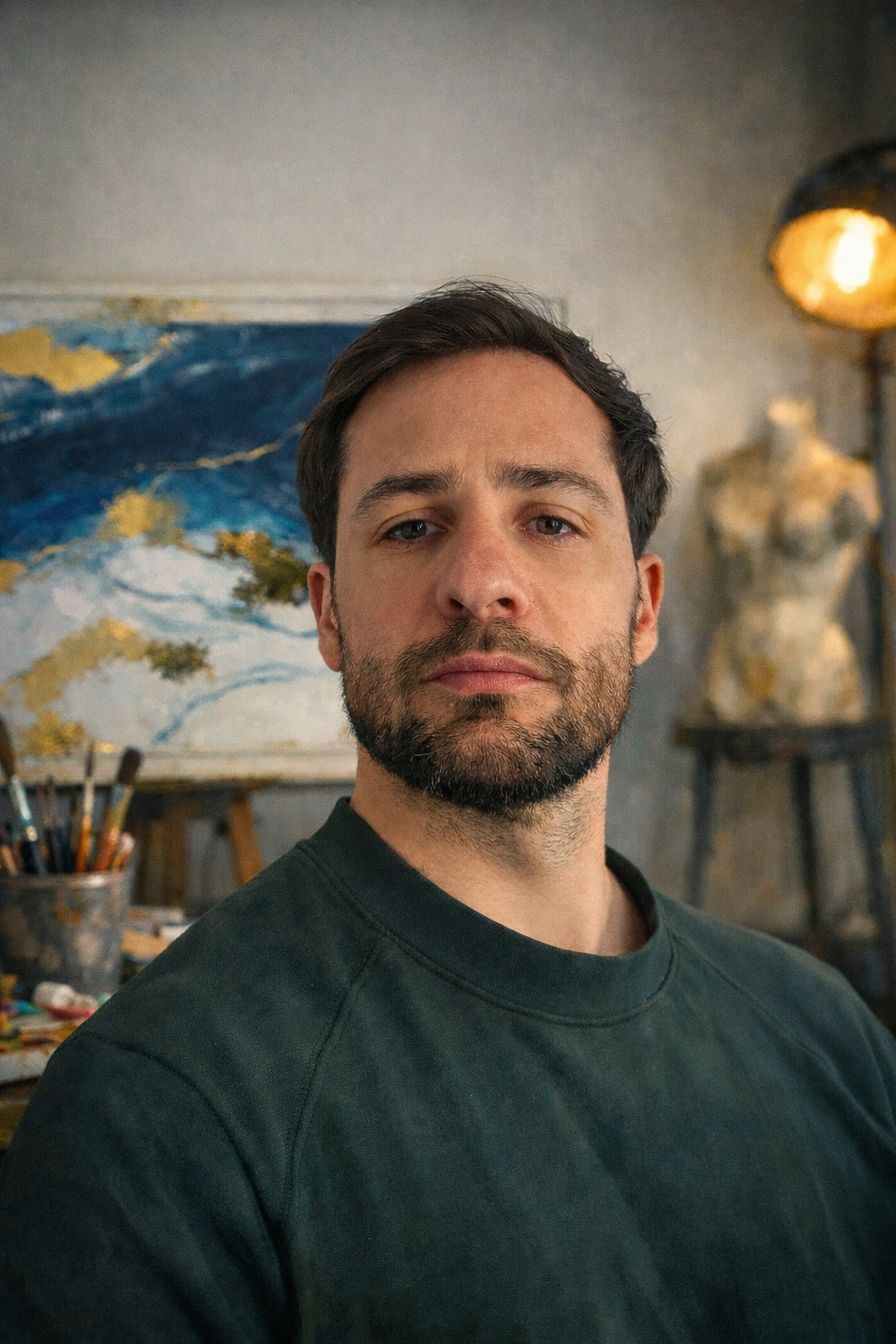 Tristan en selfie avec un fond artistique d'enduit marbré