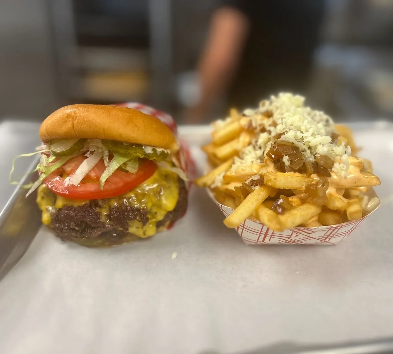 Double All American 💯 % Grass Fed beef with Gnarly Fries.  #smashburger #fries @visitoakland @fasttimesburgers