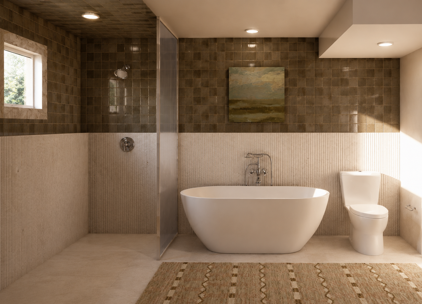 A modern bathroom with a freestanding bathtub, toilet, and walk-in shower, featuring beige and brown tile accents. There is a small window, artwork above the bathtub, and a rug on the floor.