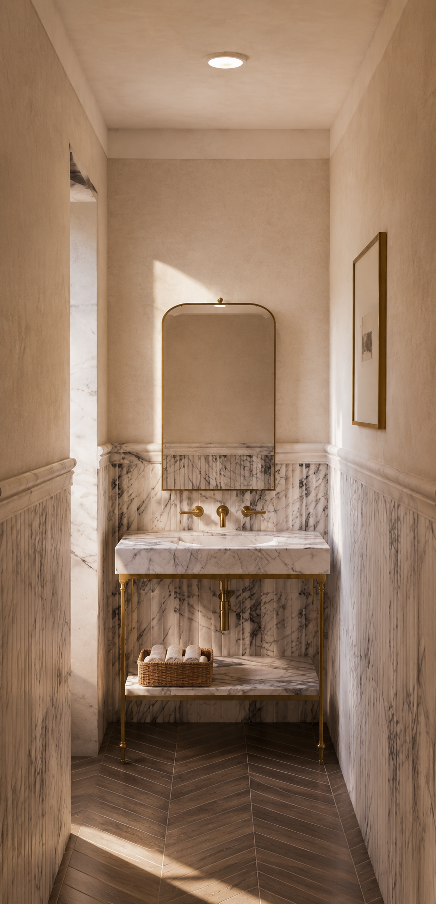 A small, elegant bathroom vanity with a marble sink and gold fixtures. A mirror is mounted above the sink, and a basket with towels is on a lower shelf. The walls are tiled halfway with marble, and the upper walls are plain, with a framed picture on 