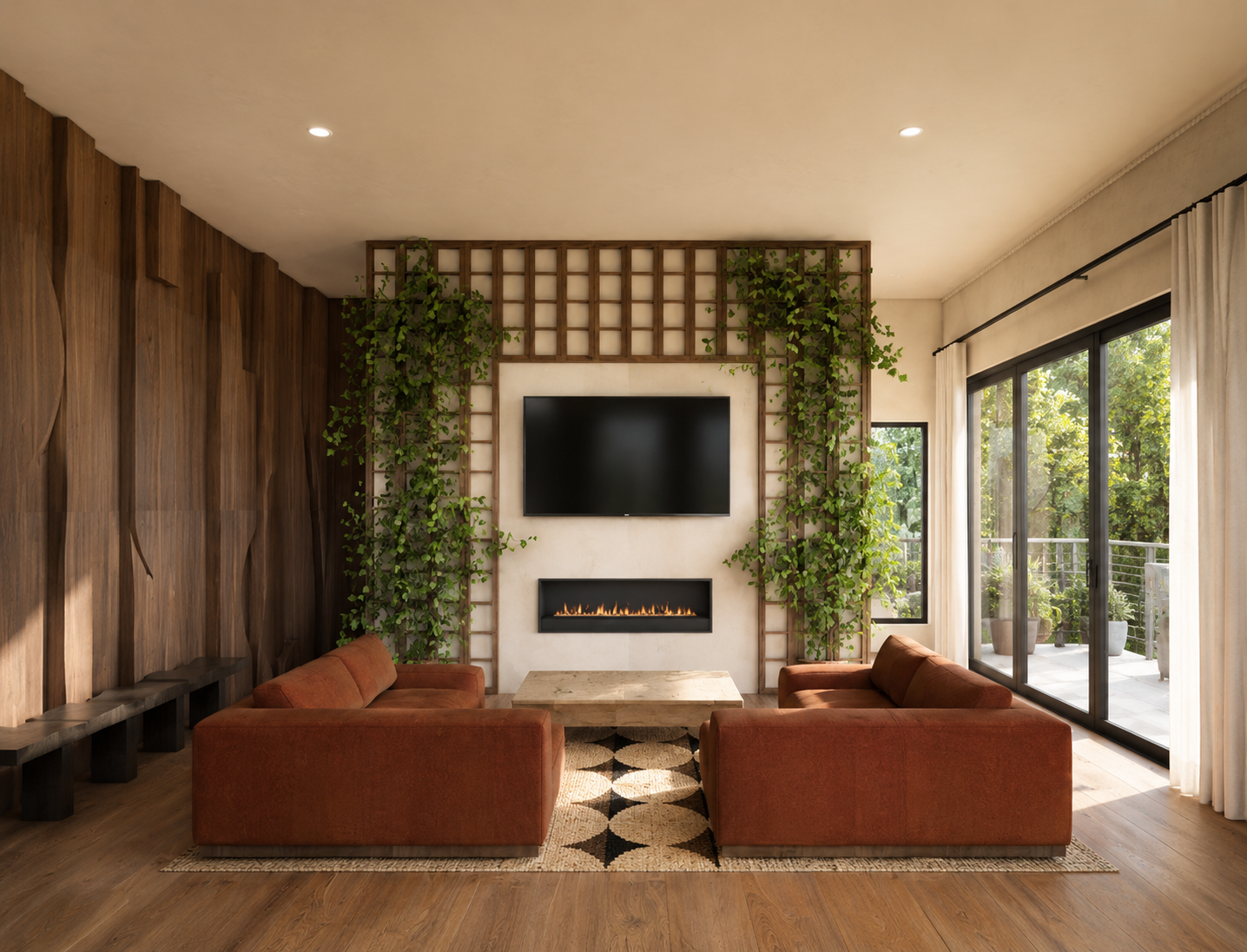 Living room with two rust-colored sofas facing a wall with a mounted television, a modern fireplace, and a decorative wooden frame with green plants. Large sliding glass doors lead to an outdoor balcony with potted plants.