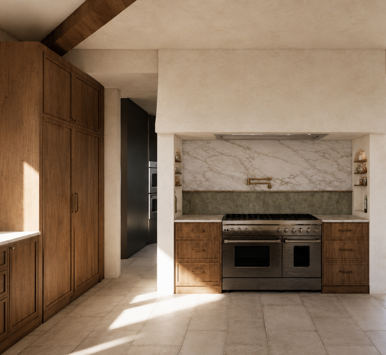 Modern kitchen with wooden cabinets, a stainless steel stove, and a marble backsplash.