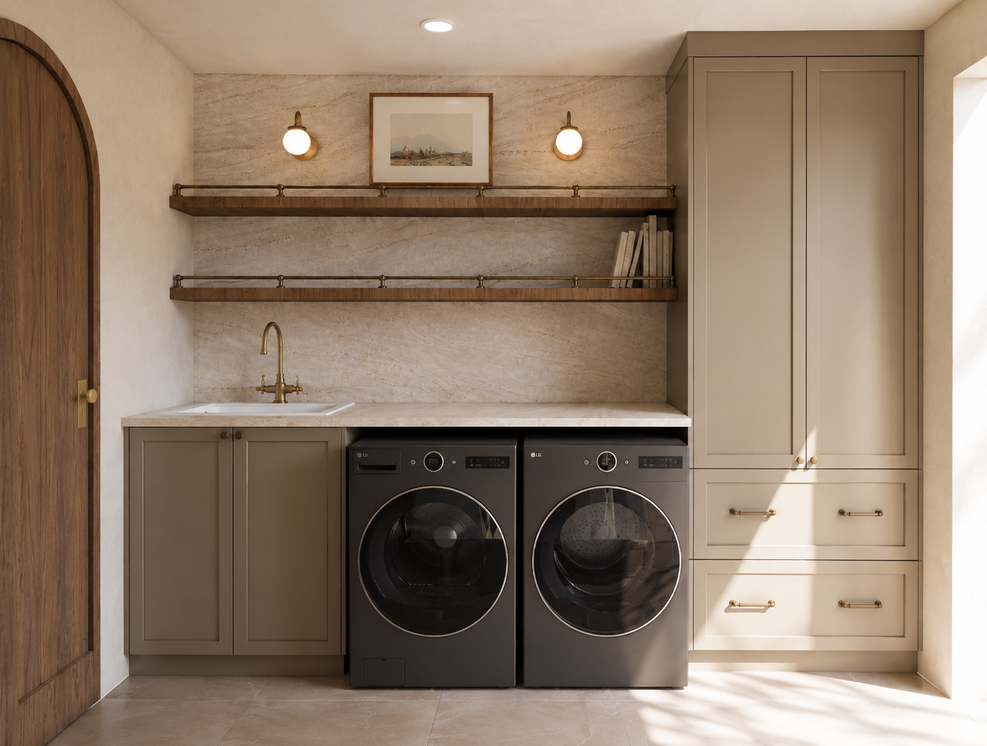 A laundry room with grey cabinets, a marble countertop, a brass faucet, a ceramic sink, wooden open shelves, and an LG washer and dryer.