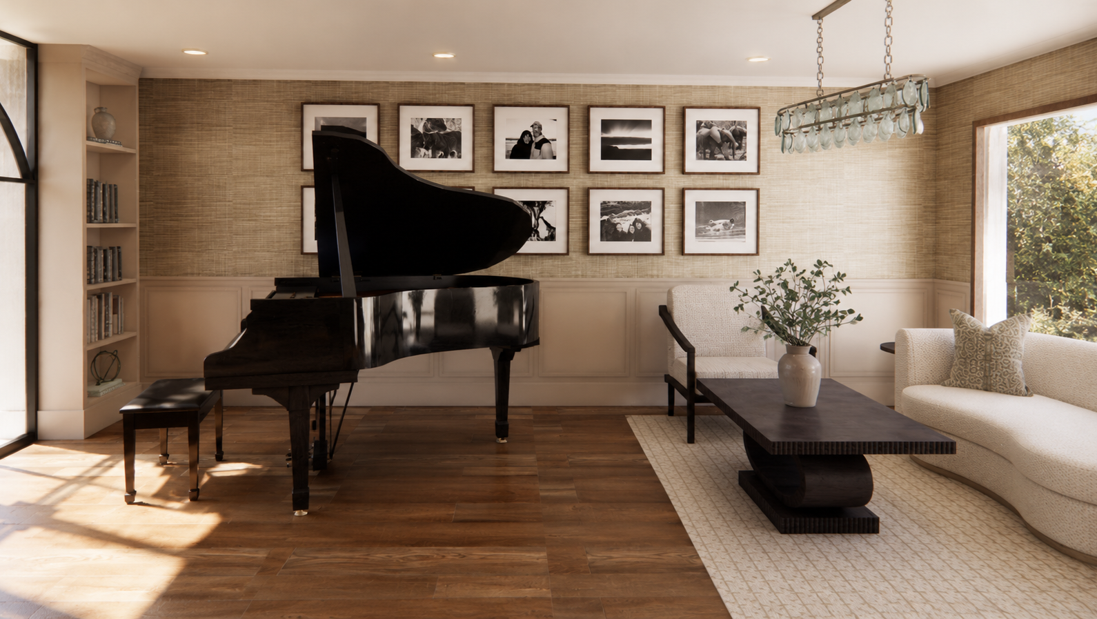 Living room with a black grand piano, a white couch, a dark wooden coffee table, and framed black-and-white photos on the beige wall. Large window with sunlight and trees outside.