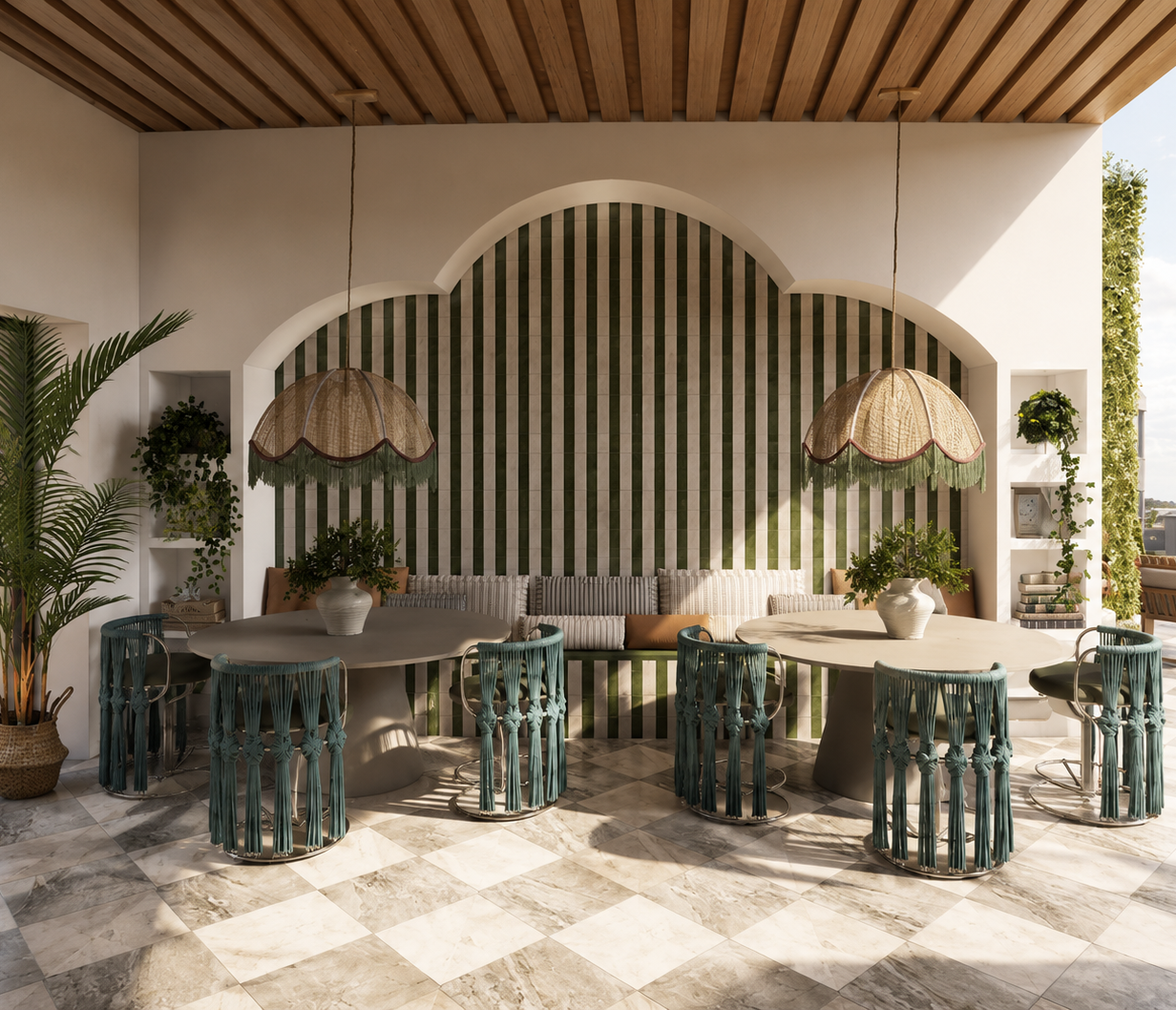 Indoor dining area with two round tables, teal chairs, potted plants, decorative lamps, and a striped wall backdrop.