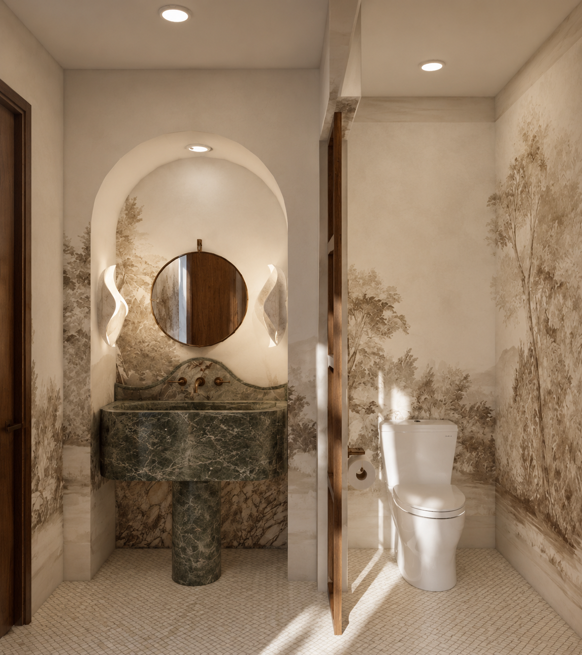 Bathroom with a green marble sink, round mirror, wall sconces, wall mural of trees, and a white toilet separated by a wooden partition.