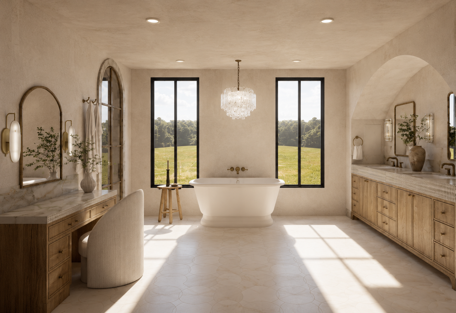 Bright bathroom with a freestanding bathtub in front of large windows overlooking a grassy field, with vanities on either side, and a chandelier hanging from the ceiling.