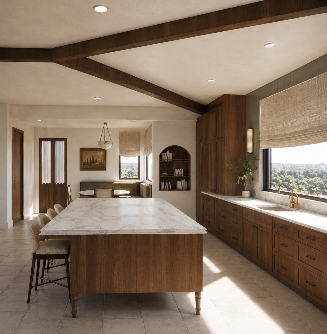 A spacious kitchen with wooden cabinets, a large marble island, a window view of greenery, and a small dining nook with a table and chairs.