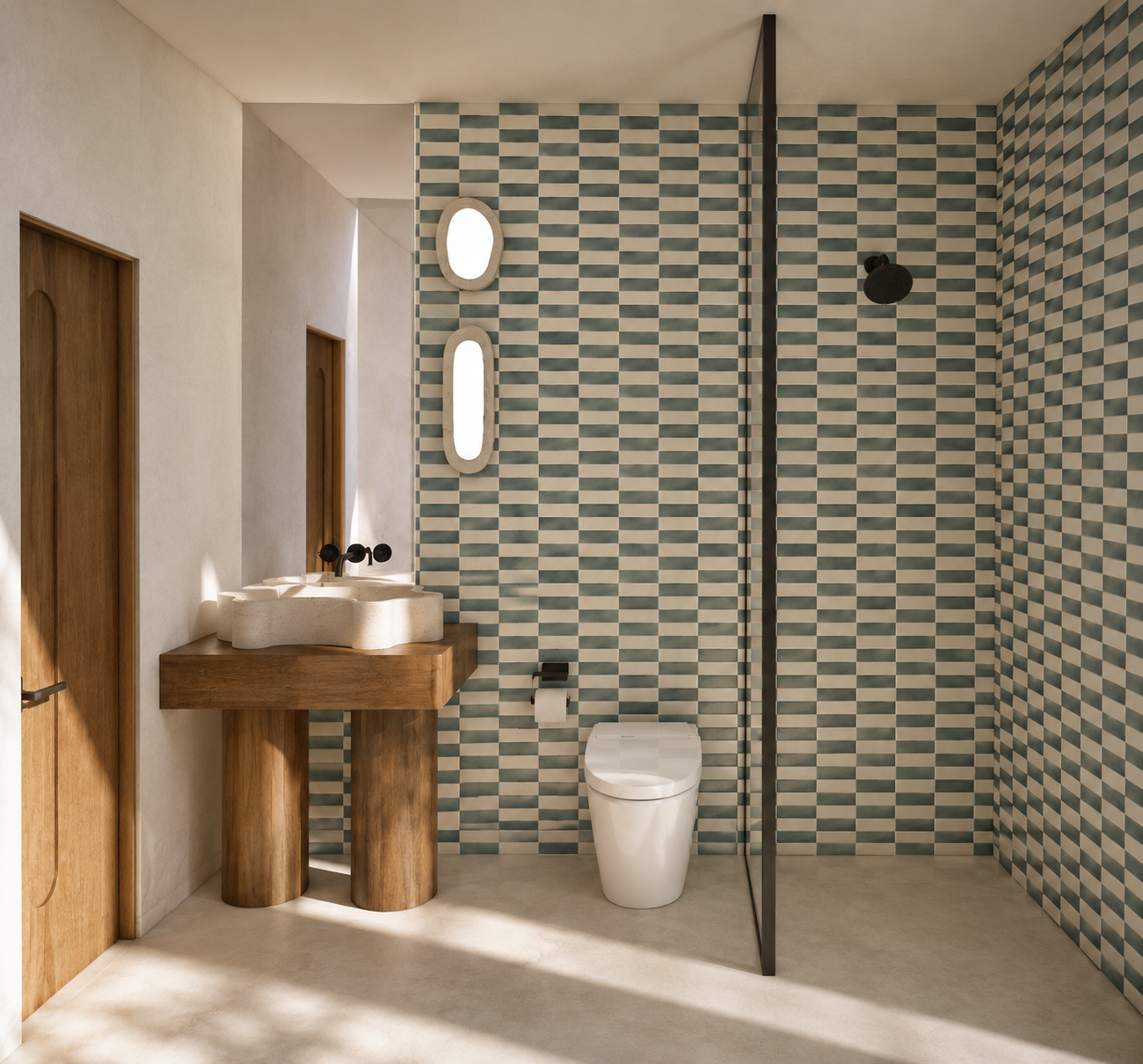 Modern bathroom with wooden accents, a patterned tile wall, a white toilet, and a walk-in shower with a black showerhead.