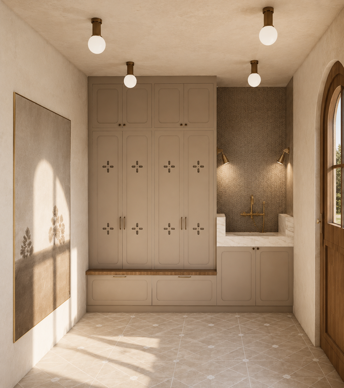 Interior of a laundry room featuring beige cabinets, a built-in white marble sink with gold fixtures, wall-mounted gold lamps, a large arched window, and patterned beige tiled floors.
