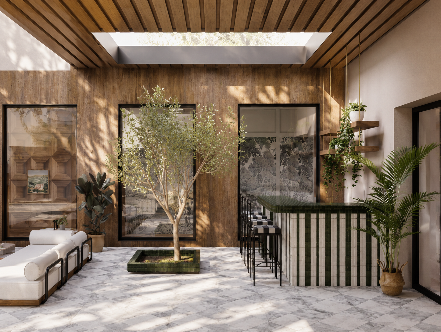 Indoor space with marble tile floor, large window, wooden ceiling, potted plants, a couch, and a green-tiled bar with stools.