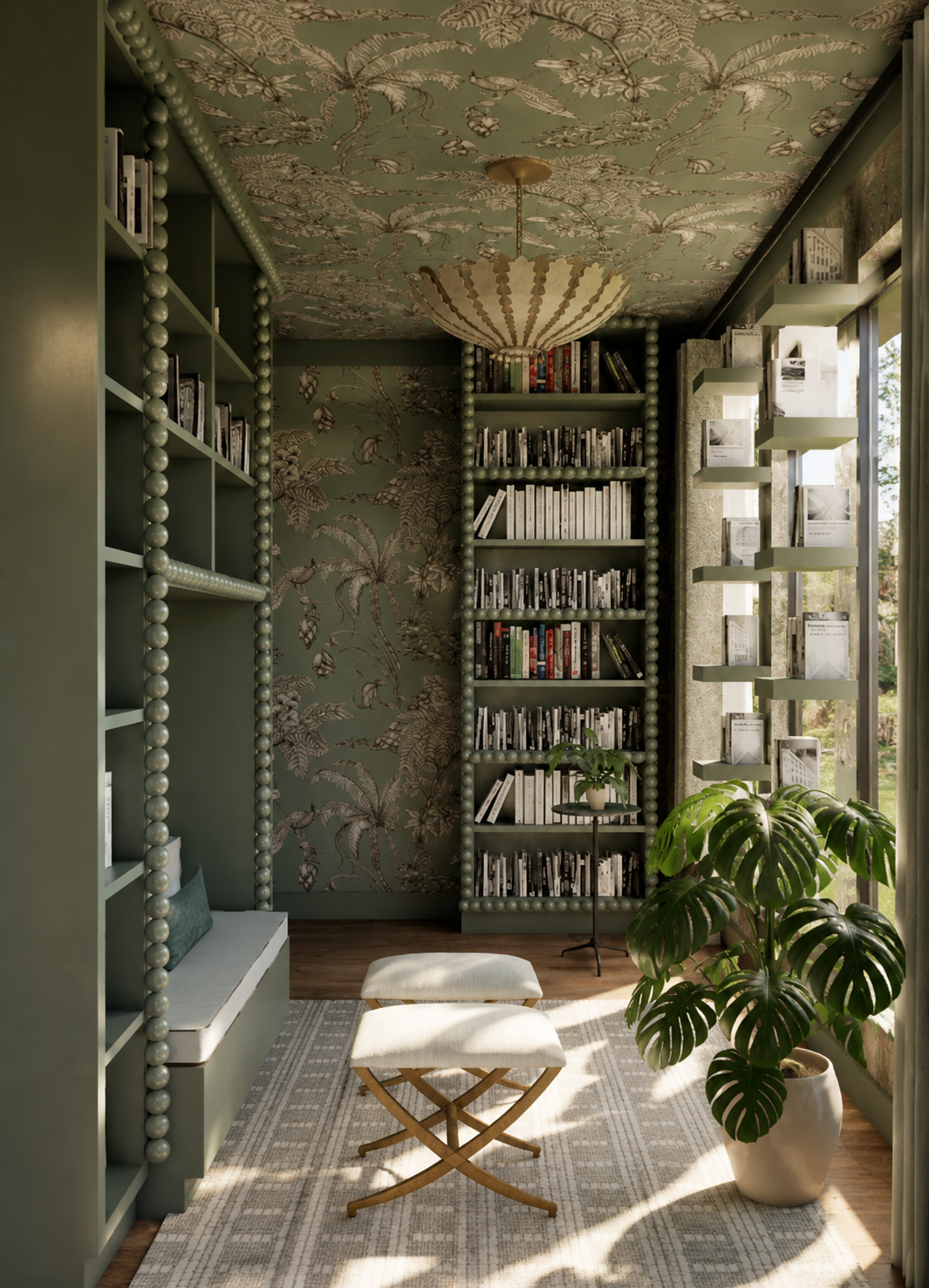 A cozy corner with green built-in bookshelves, a patterned wallpaper, and a large window with a view of the outdoors. There are mostly white books, a small plant on a stand, a white bench, and a large potted plant with lush green leaves. A vintage li