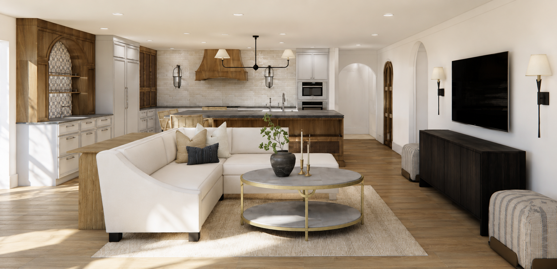 Open-concept living room and kitchen with white sofa, marble coffee table, built-in kitchen cabinets, and wall-mounted TV.