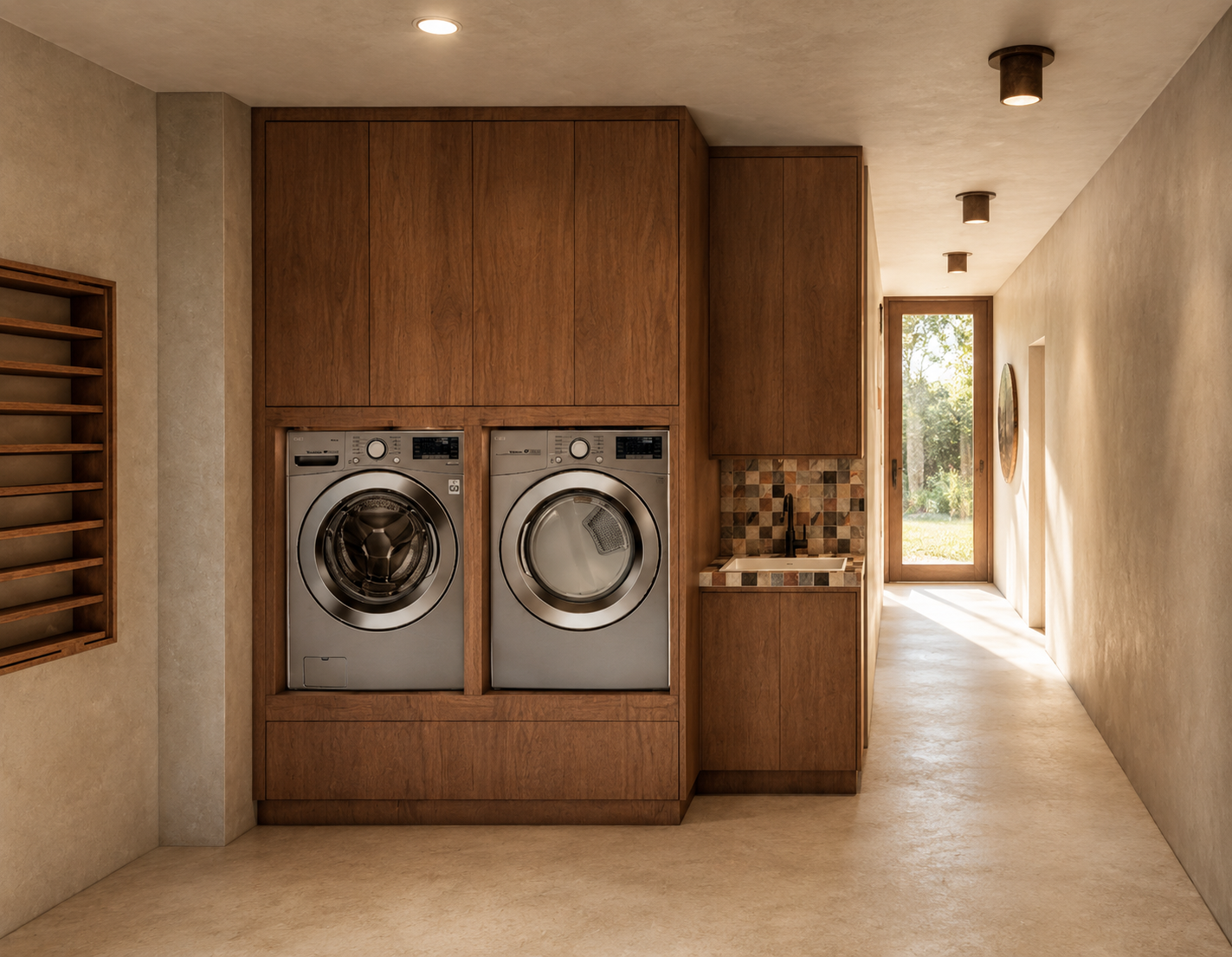 A laundry room with a front-loading washing machine and dryer set into a wooden closet. There is a small sink with a black faucet, beige walls, and a window at the end of the room allowing natural light to enter.