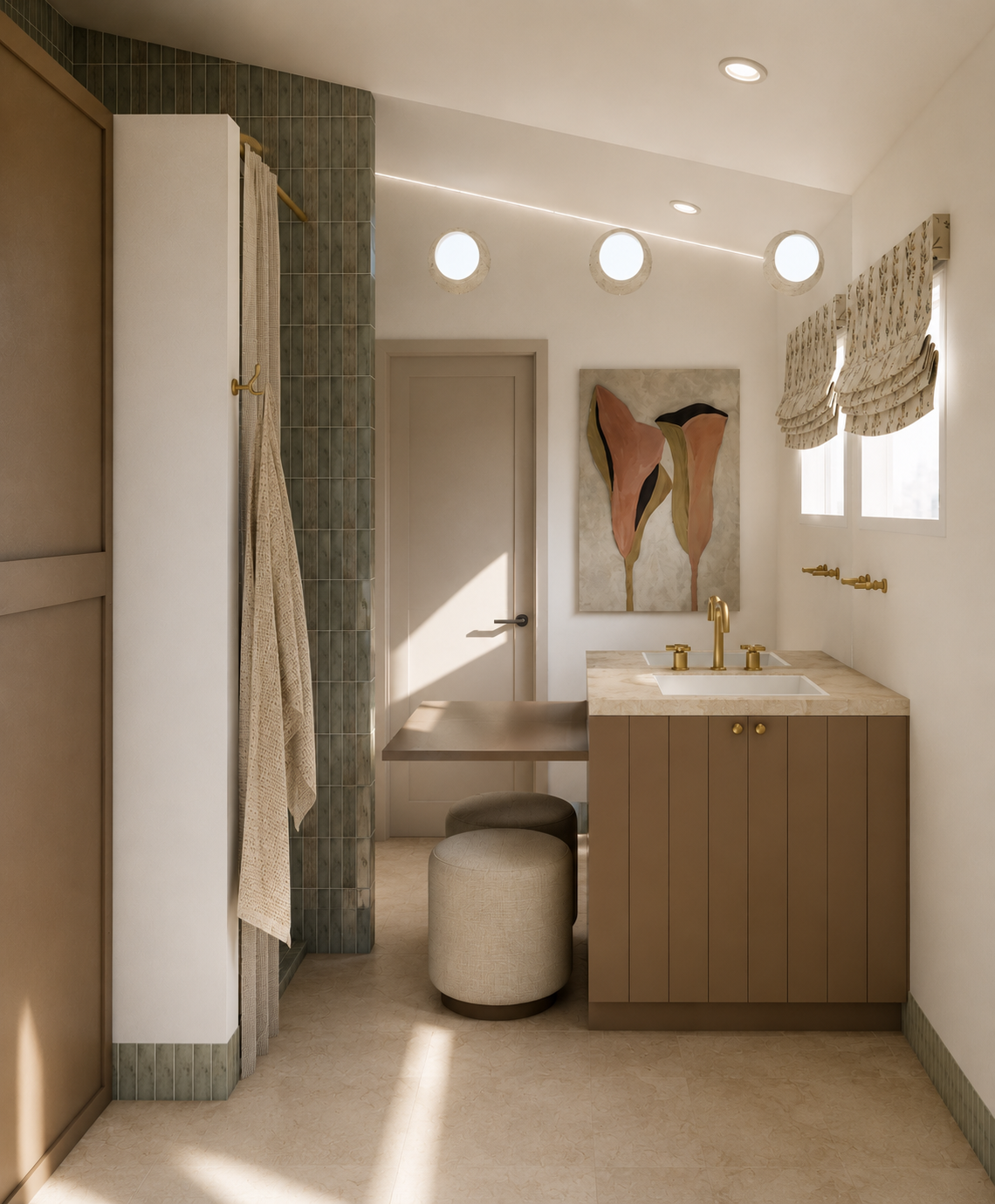 A modern bathroom with beige and brown tones, featuring a vanity with a beige countertop and gold fixtures, a circular ottoman, a art piece with pink and black abstract flowers, and a window with patterned Roman shades.