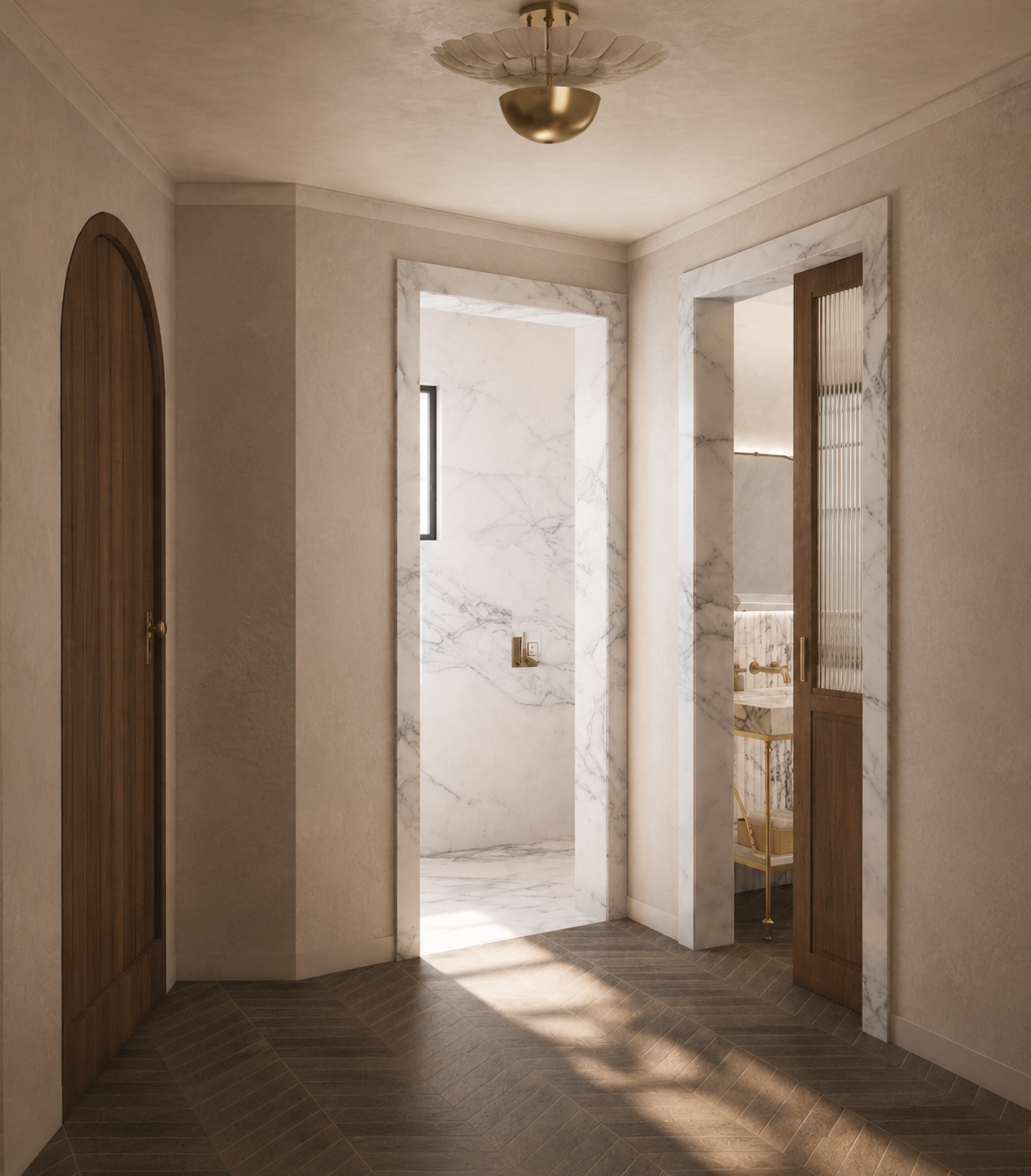 Interior view of a hallway with beige walls, wooden doors, and marble-framed doorways leading to a shower room and a small bathroom with a marble sink visible. There is a ceiling light fixture with a gold and floral design, and sunlight casting shado