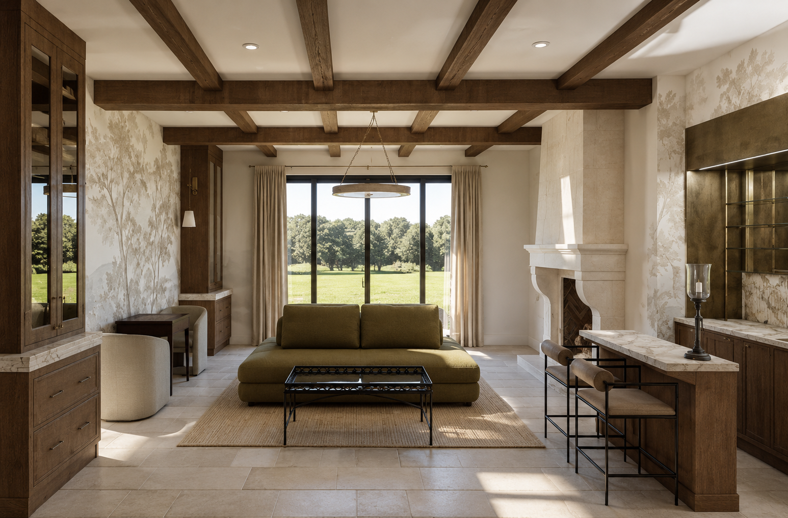 Living room with wood-beamed ceiling, green sofa, fireplace, large window with view of green field and trees, and bar stools at a marble countertop.
