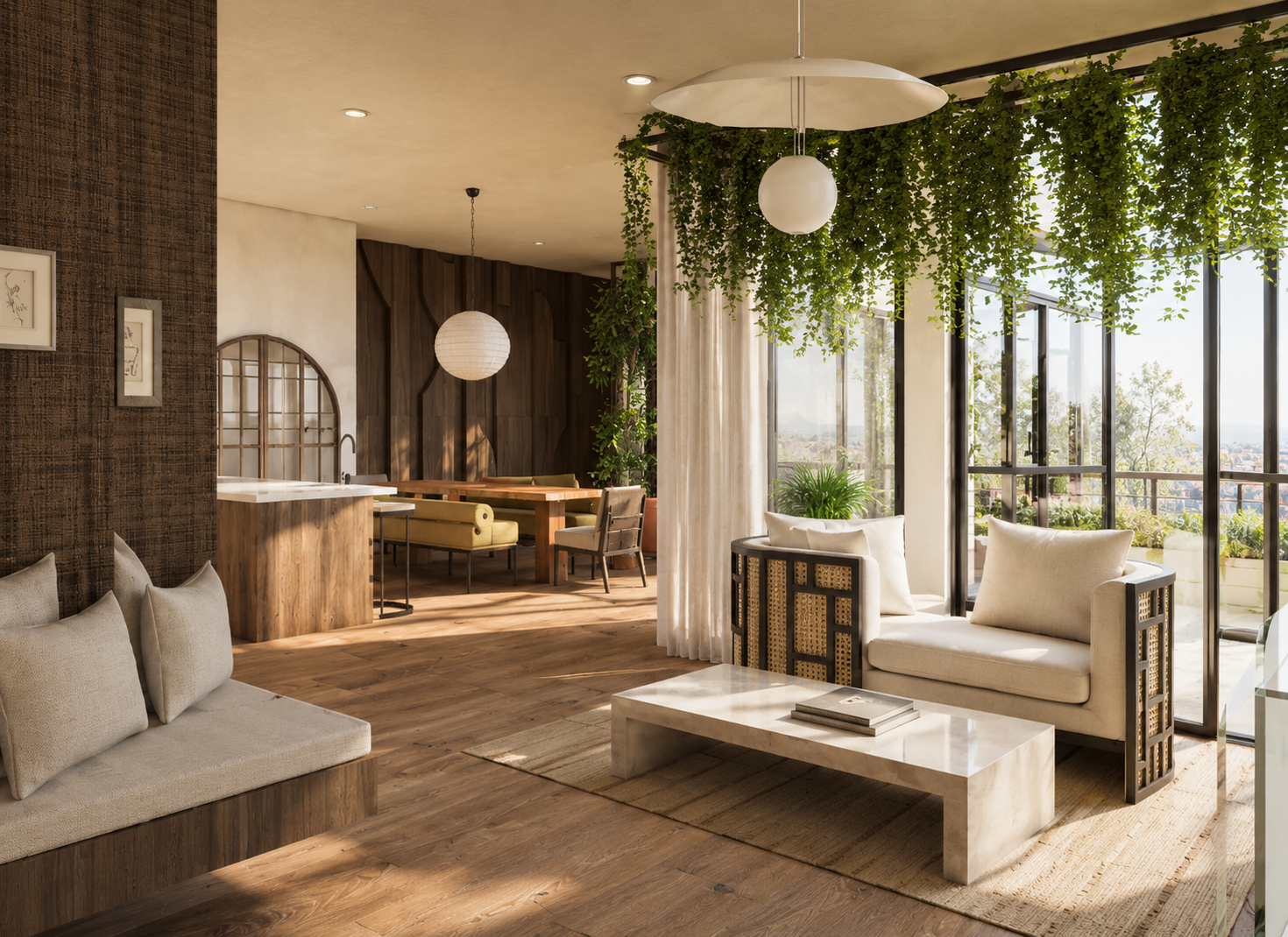 Modern living room with beige sofas, a white marble coffee table, potted plants, and a large window with a balcony view. Wooden flooring and hanging green plants add warmth and greenery to the space.