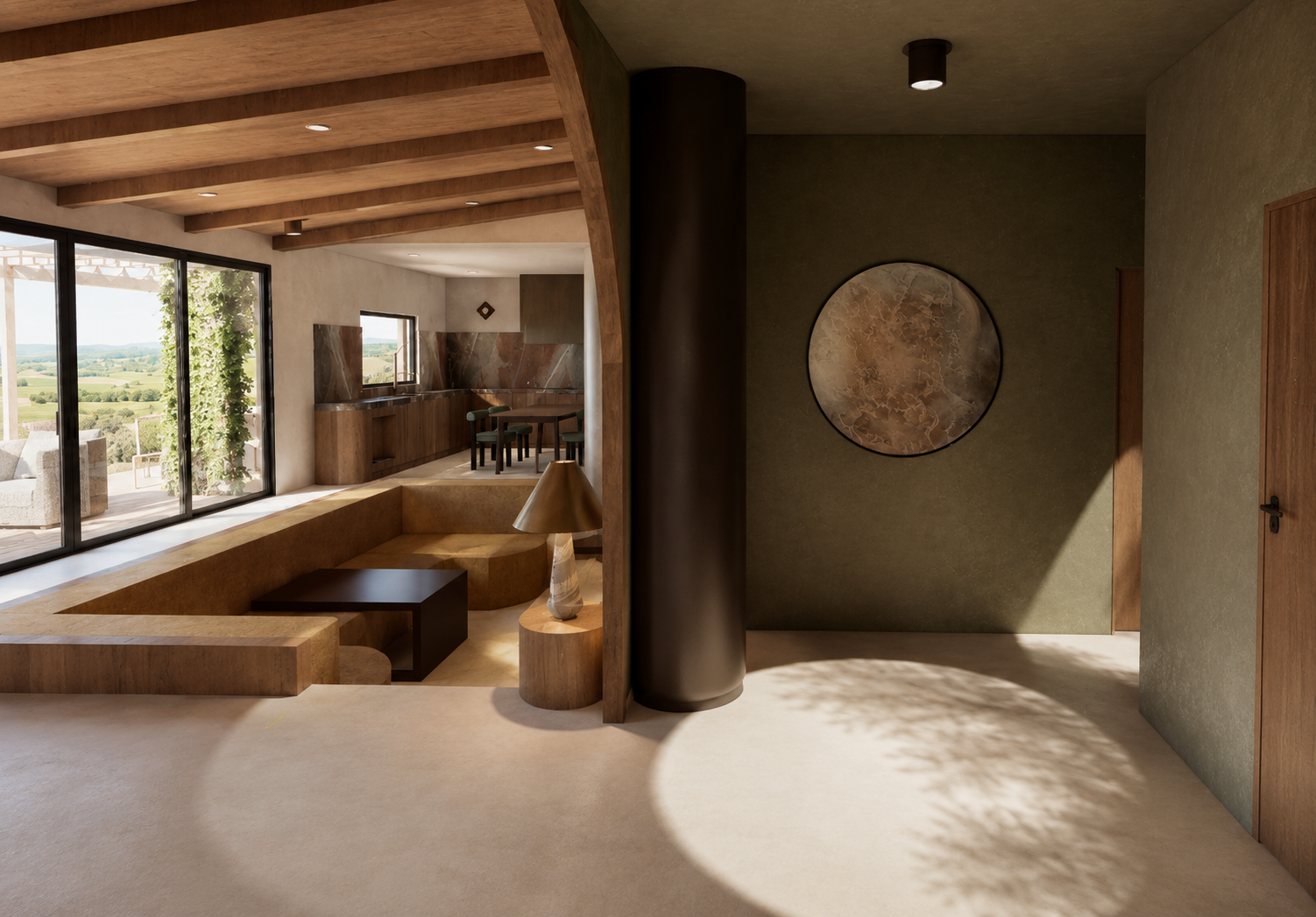Modern living room with large glass sliding doors leading to outdoor patio, wooden ceiling beams, a curved built-in seating area with a table and lamp, and a dining area in the background.