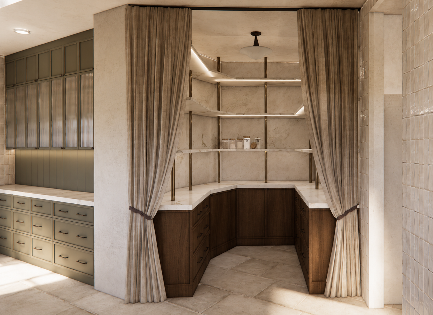 A corner display area with curved wooden cabinets and open shelves, framed by beige curtains tied back, in a room with light-colored walls and tiled flooring.