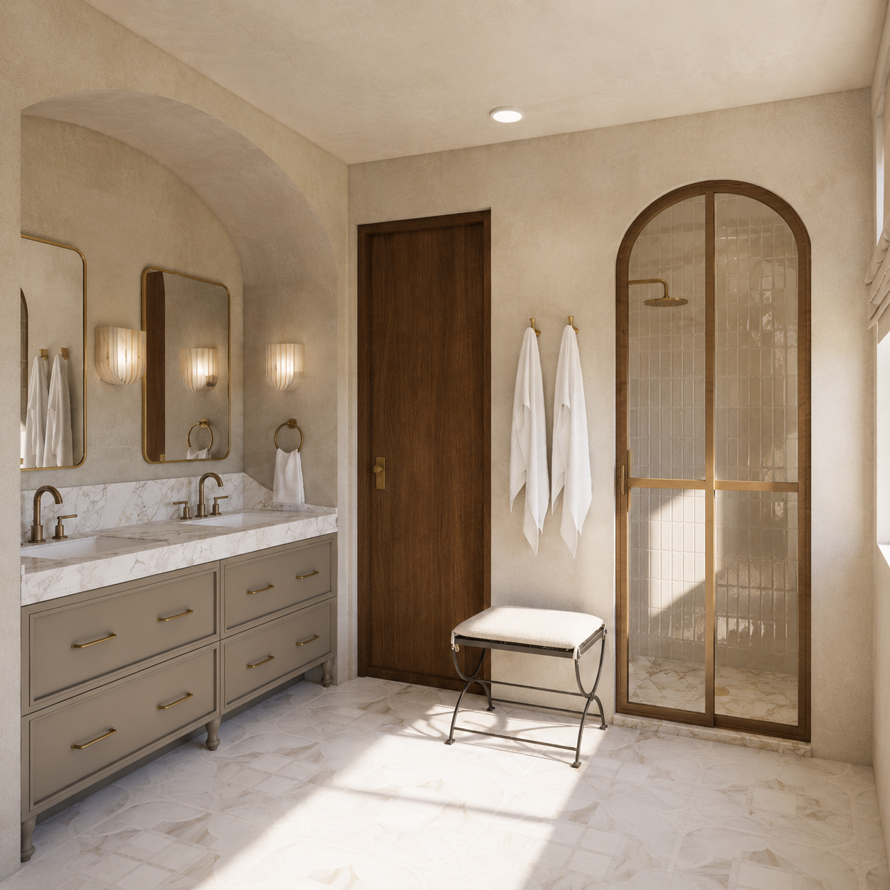 Elegant bathroom with double sink vanity, gold fixtures, wall sconces, mirrors, wooden door, benches, and a glass-enclosed shower with marble and tile details.