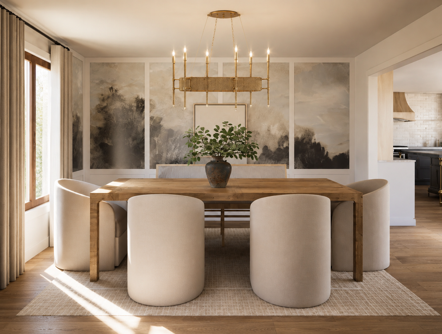 A dining room with a large wooden table, surrounded by six beige upholstered chairs. A dark vase with green plants is centered on the table. The background features a wall with an abstract black-and-white mural and a gold chandelier hanging above. Su