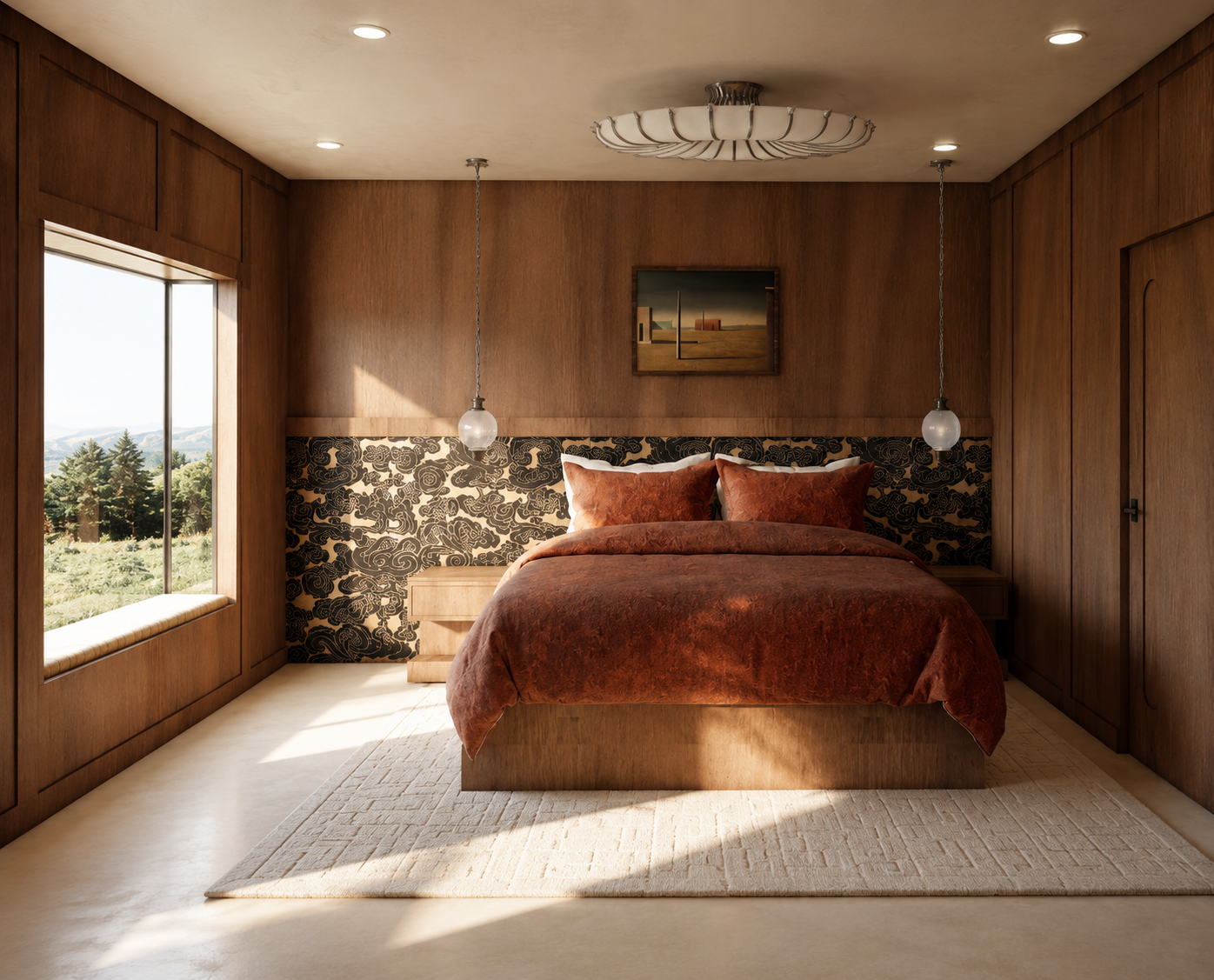 A bedroom with wood-paneled walls, a large window showing a landscape, a bed with rust-colored bedding, a black patterned headboard, two hanging pendant lights, and a framed landscape painting