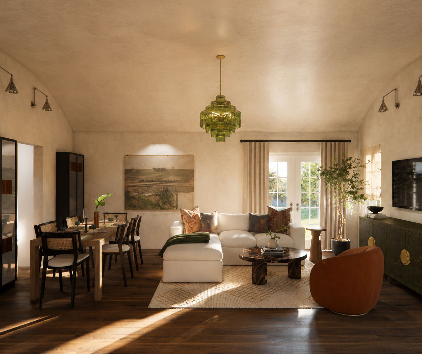 A spacious living room with a white sectional sofa, wooden dining table with black chairs, a green chandelier, a large window with curtains, a potted plant, and a mounted TV.