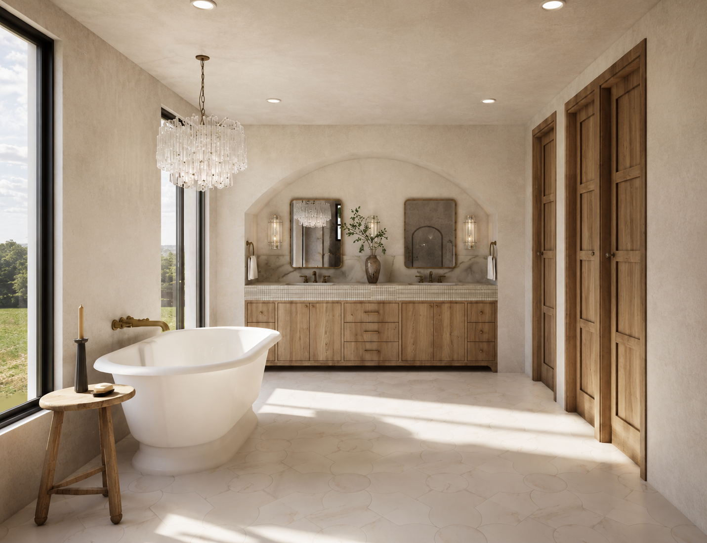 Modern bathroom with bathtub next to large window, wooden vanity with two mirrors, chandelier, and wooden closet doors.