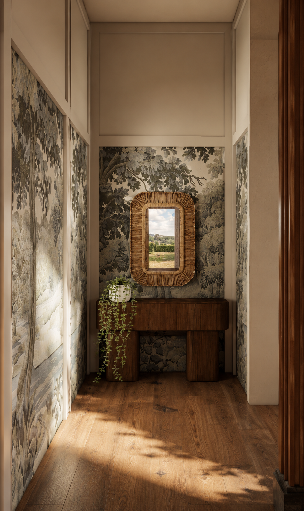 An entryway with floral wallpaper, a wooden console table, a hanging wicker mirror, and a potted plant with cascading leaves, with sunlight casting shadows on the wooden floor.