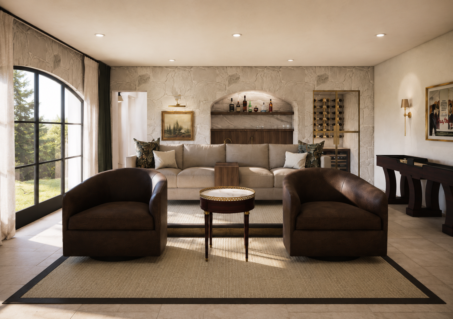 Living room with large window, beige sofa, two dark brown armchairs, a small round table, and a rug. The room has wall art, a bar area with bottles, wine rack, and a piano.