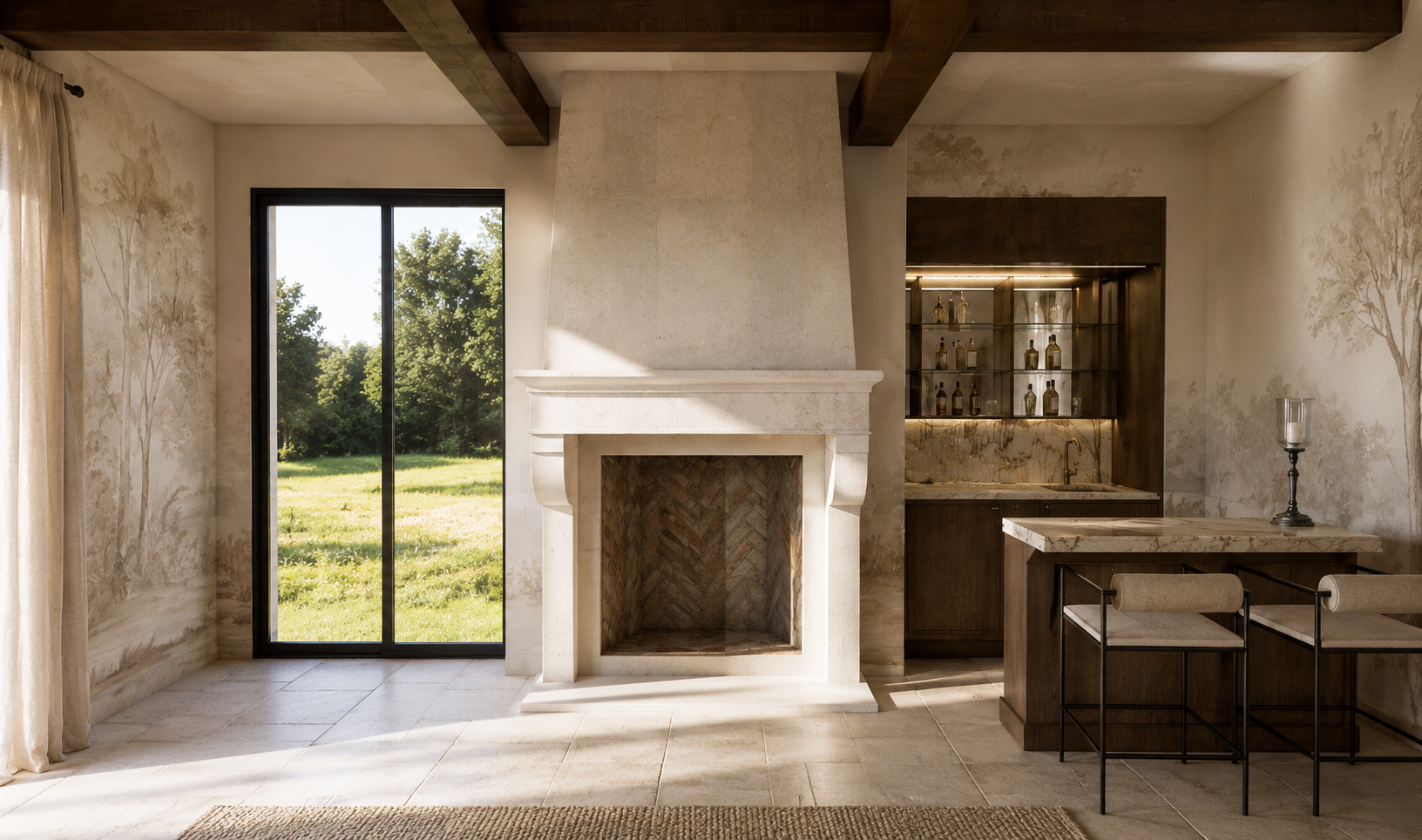 Living room with a large fireplace, sliding glass door to the outside, and a kitchen area with a bar and shelves with bottles.