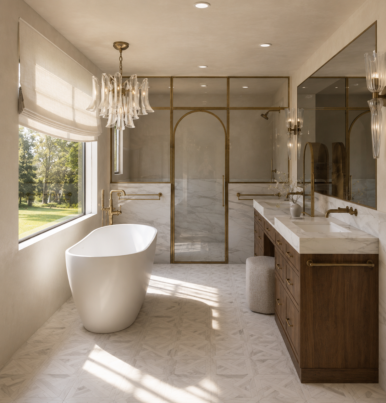 A modern bathroom with a freestanding bathtub near a large window, a marble shower with glass doors, a wooden vanity with a marble countertop, and elegant light fixtures.
