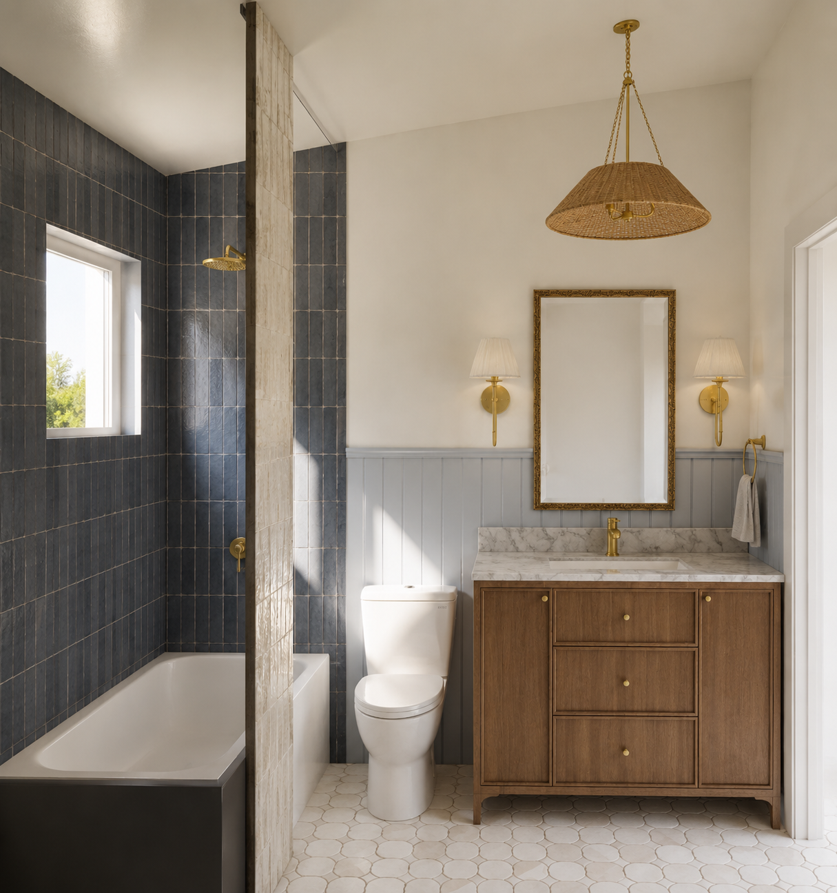 Bathroom with a dark tiled shower, window, white toilet, wooden vanity with marble countertop, large mirror, and brass fixtures.