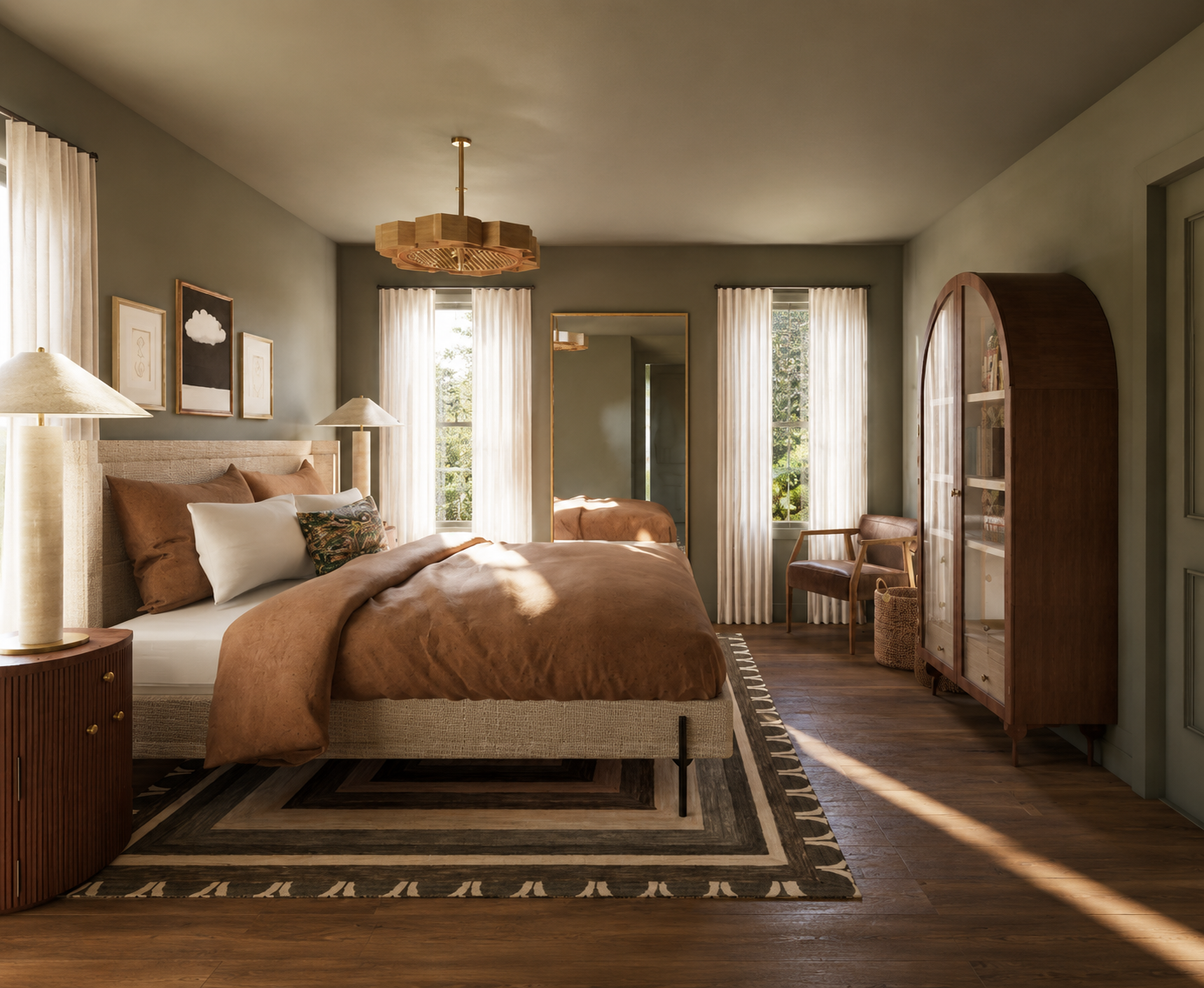 A bedroom with a large bed, brown bedding, and multiple pillows. There is a nightstand with a lamp on each side of the bed. A tall mirror, a wooden cabinet, and a chair are visible, with natural light flooding in through multiple windows with white c