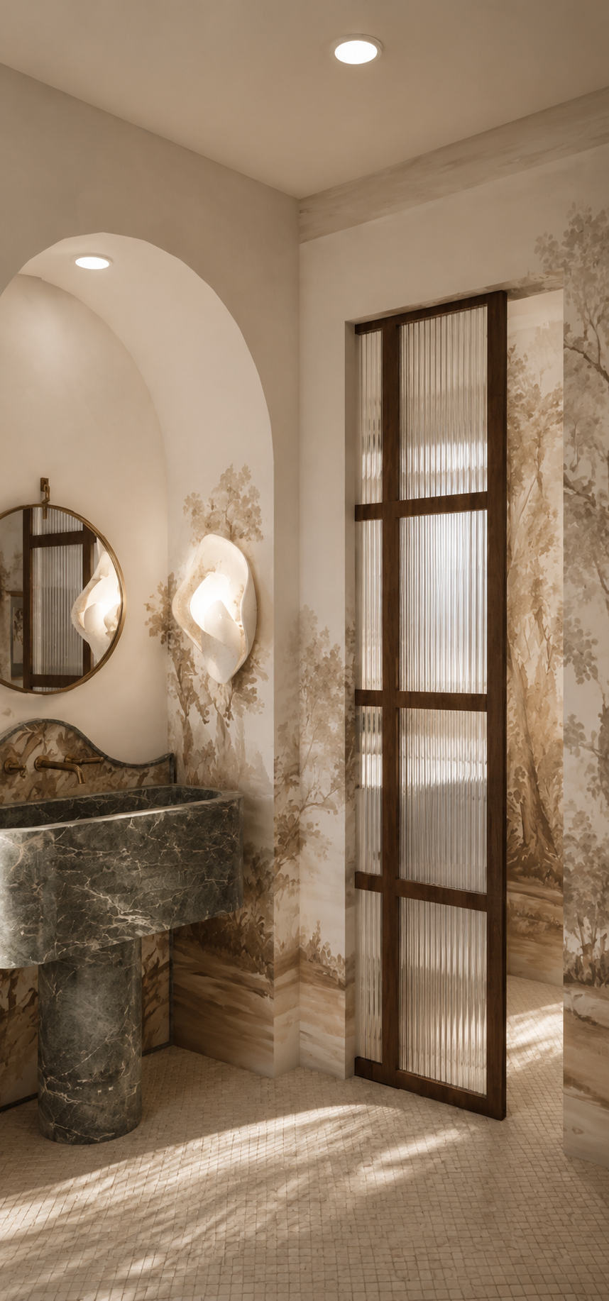 A bathroom with a marble sink, round mirrors, decorative wall sconces, a textured glass and wood door, and wallpaper with a nature scene.