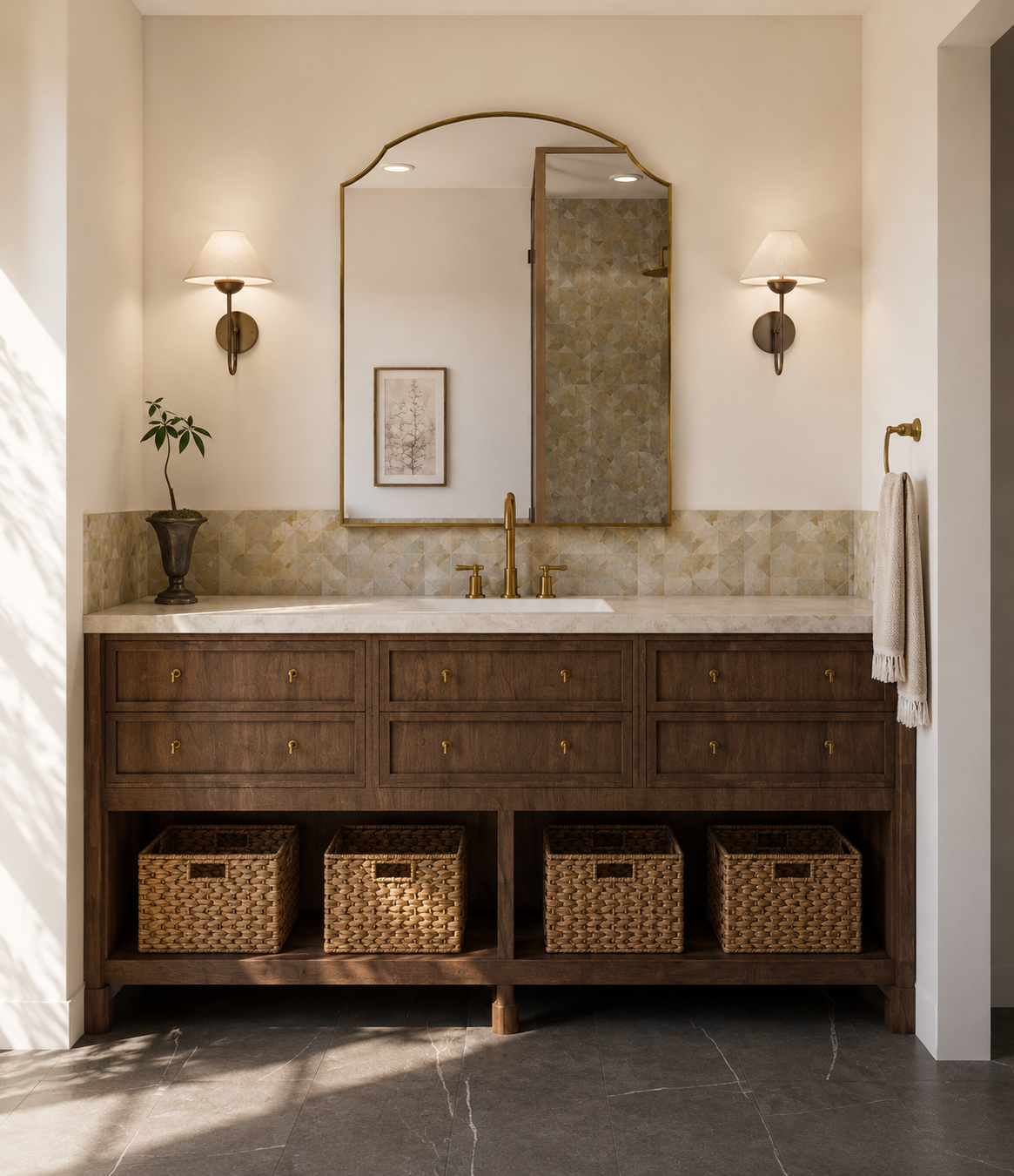 Bathroom vanity with wooden cabinet, marble countertop, and brass fixtures, large mirror with a gold frame, wall lights, woven baskets underneath, and a small potted plant on the left.