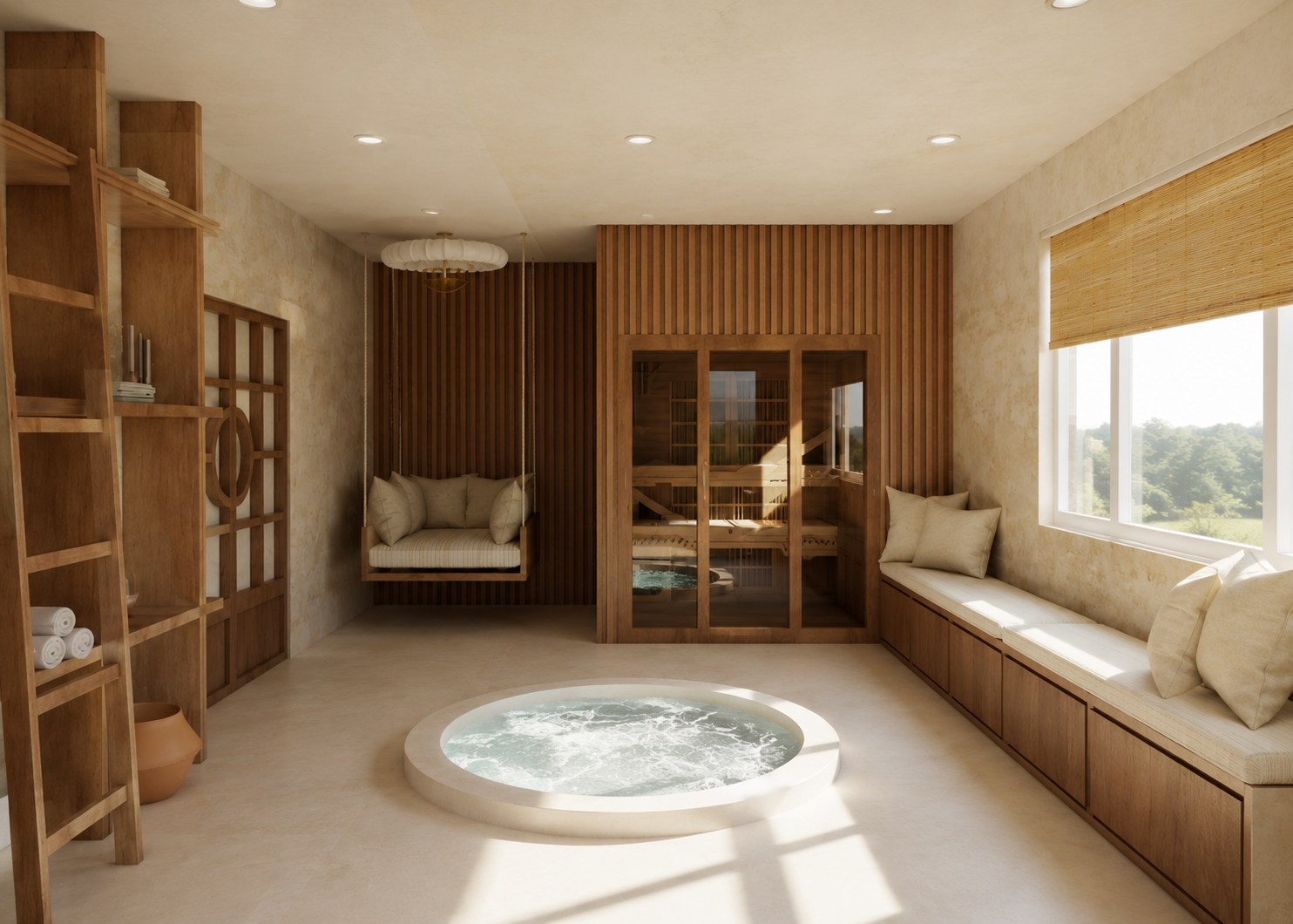 A modern spa room with a hot tub in the center, wooden shelves on the left, a hanging sofa with cushions, a glass-enclosed sauna, large window with a view of greenery, and a bench with cushions along the right wall.