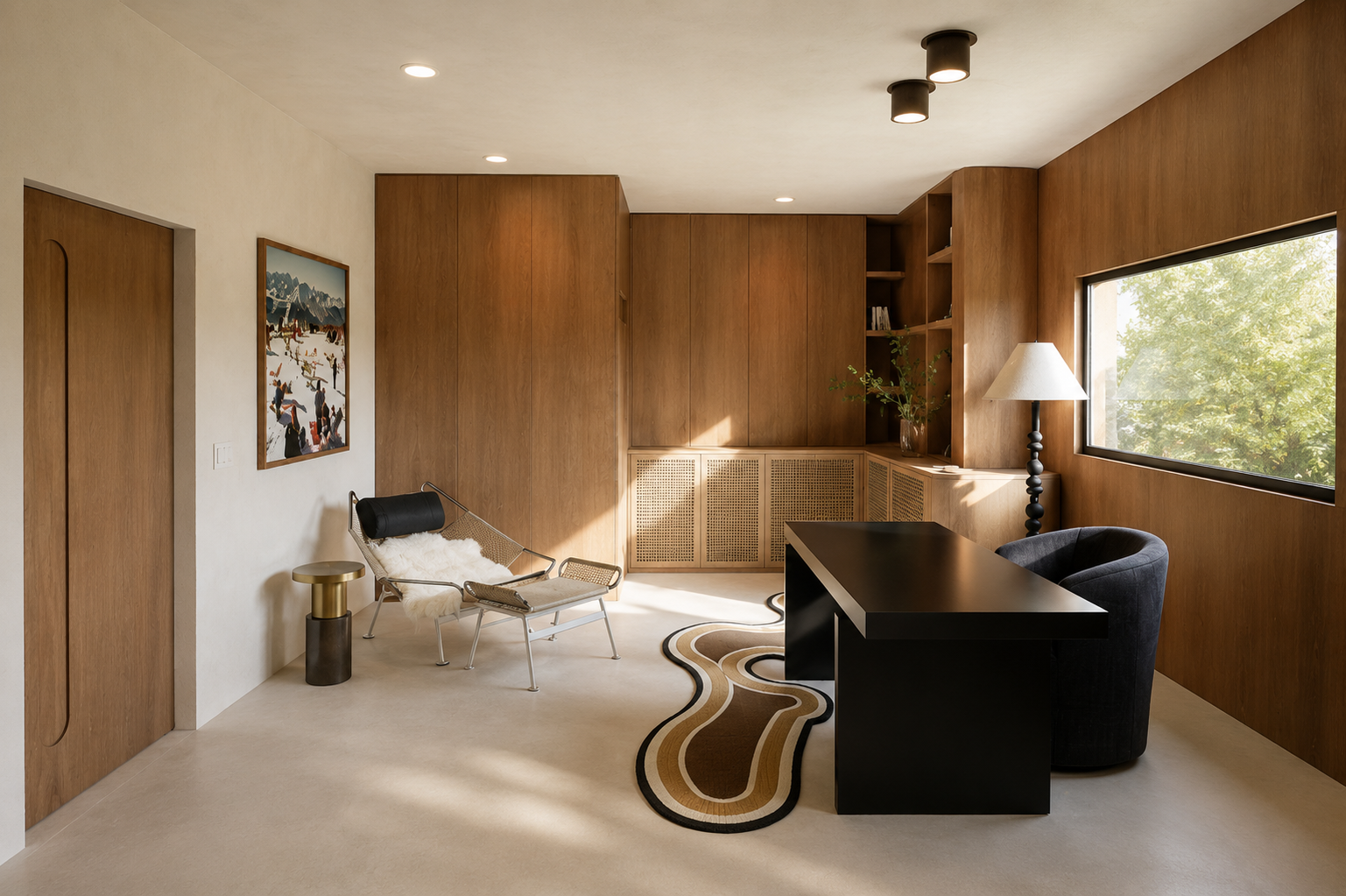 Modern living room with wooden wall paneling, a large window with greenery outside, a black desk with a dark chair, a tall white lamp, a small side table, a lounge chair with a plush white throw, and a patterned rug.