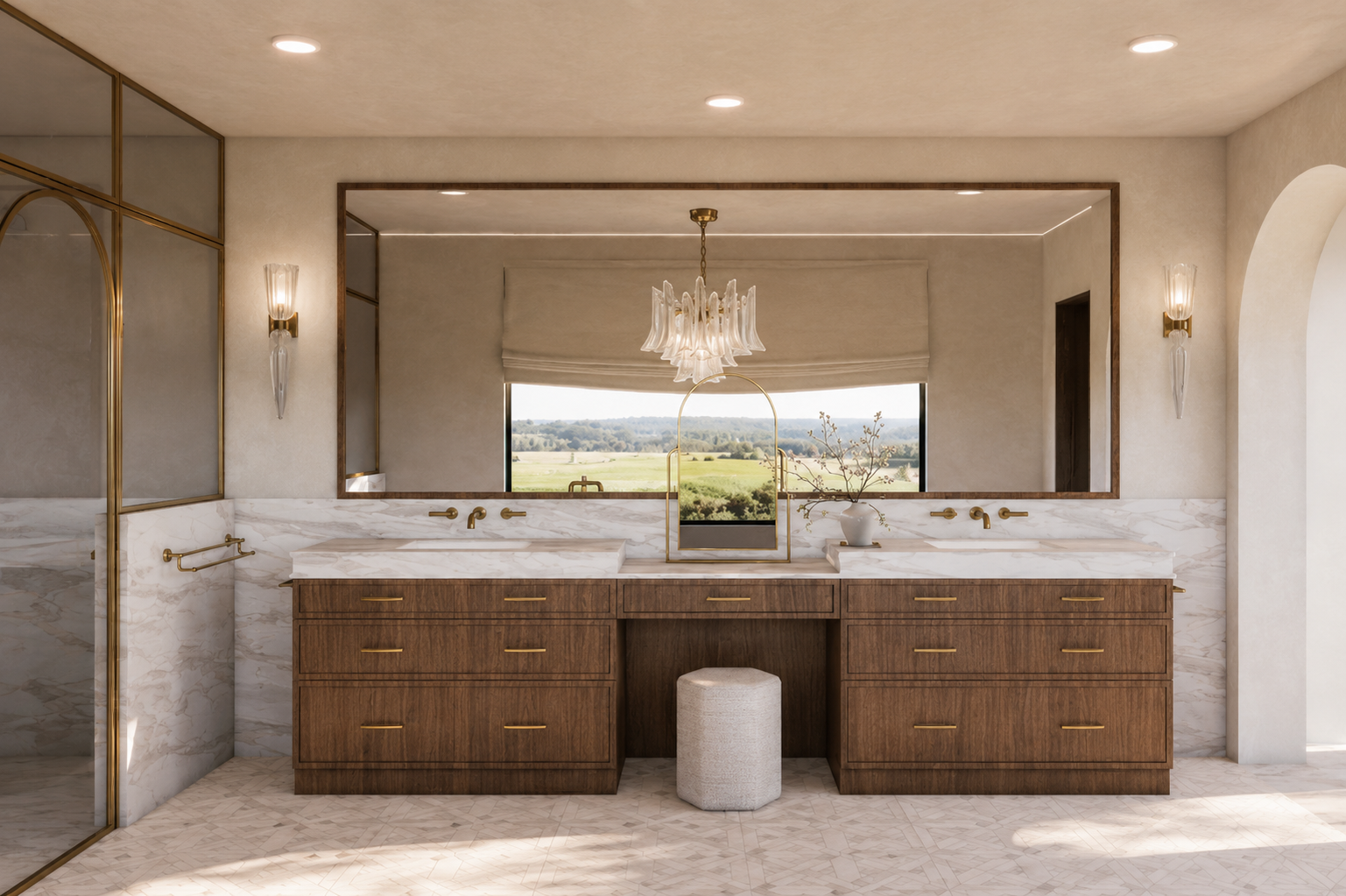 Bathroom with twin sinks, marble countertops, wooden cabinets, a large mirror, and a window showing a rural landscape.