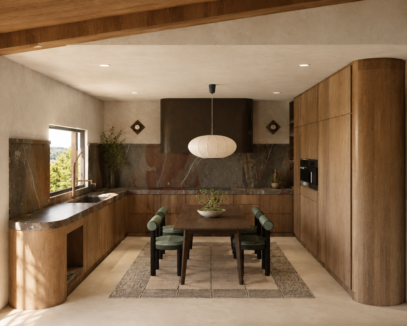 A modern kitchen with wooden cabinets, a marble countertop, and a wooden dining table with four cushioned chairs. A pendant light hangs above the table, and there are small decorative wall accents and potted plants. A window offers a view of greenery
