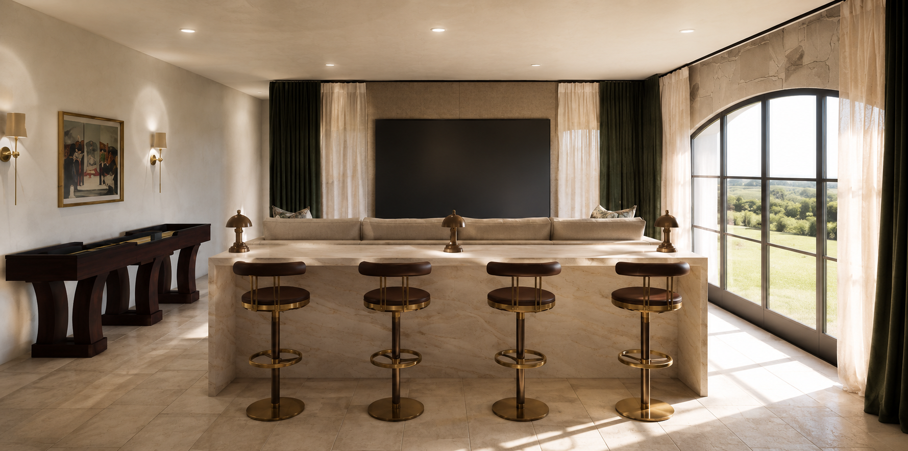 Elegant living room with a large window overlooking a green landscape, featuring a beige sofa, bar stools, a marble island, wall art, and warm lighting.
