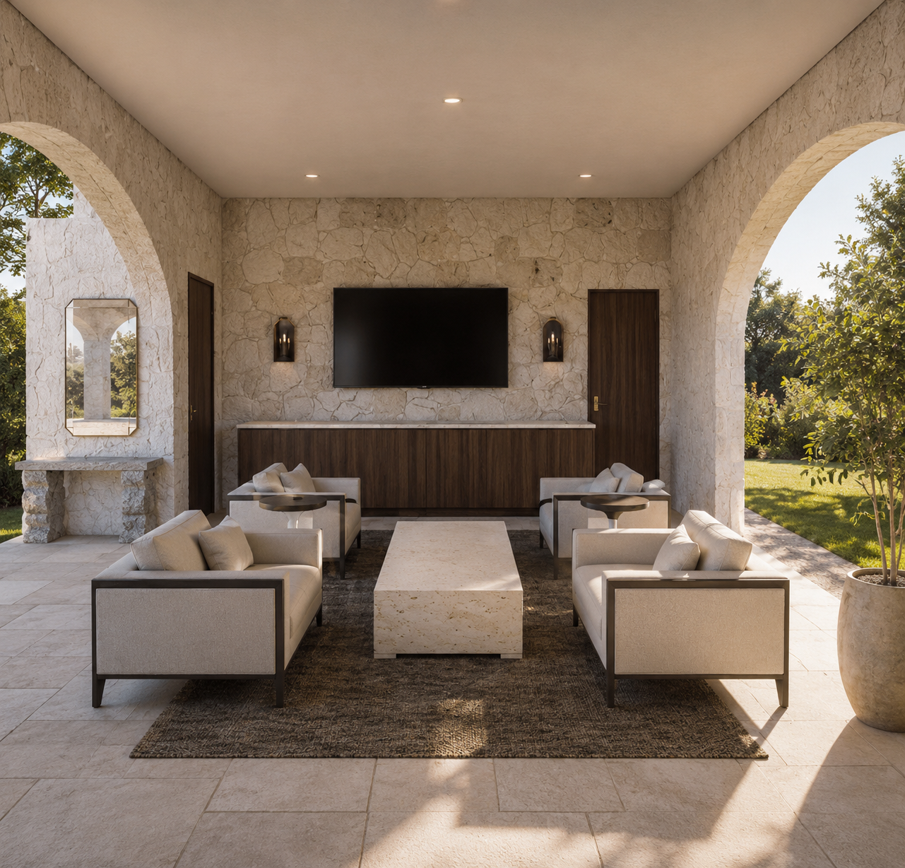 Outdoor covered seating area with four beige armchairs around a rectangular white marble coffee table, stone walls, a wall-mounted flat-screen TV, two wall sconces, and large open arches revealing a garden.
