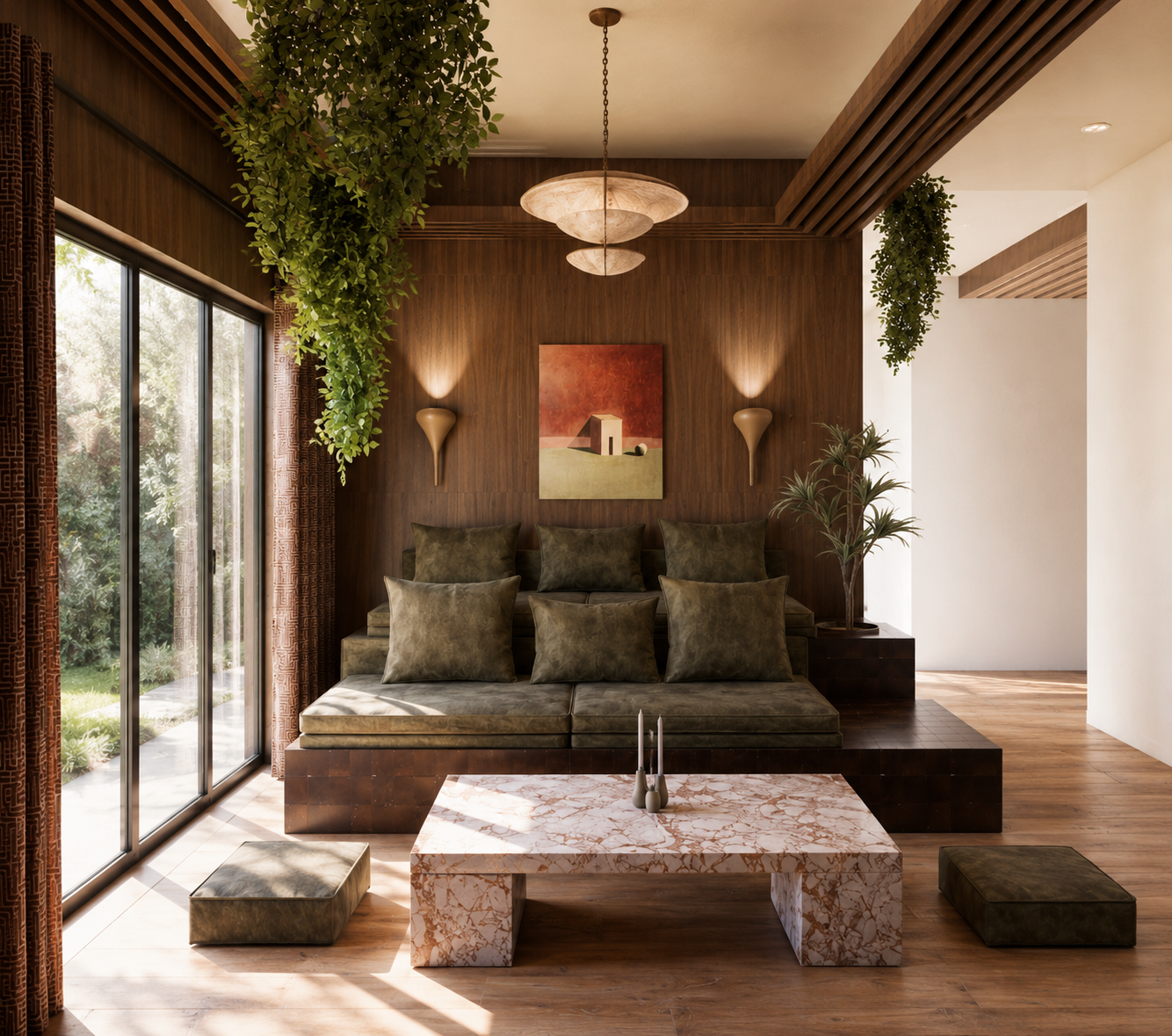 Living room with a green sofa with multiple cushions, a marble coffee table with candles, and large sliding glass doors with outdoor greenery. Wooden wall paneling, wall-mounted lamps, and hanging greenery add to the modern, natural decor.