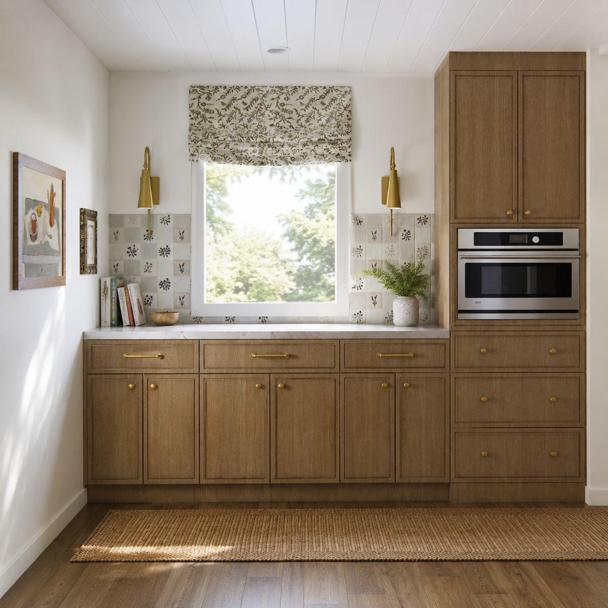 Kitchen with wooden cabinets, a window with a floral valance, and a built-in oven. Decor includes a potted plant, books, and framed art.