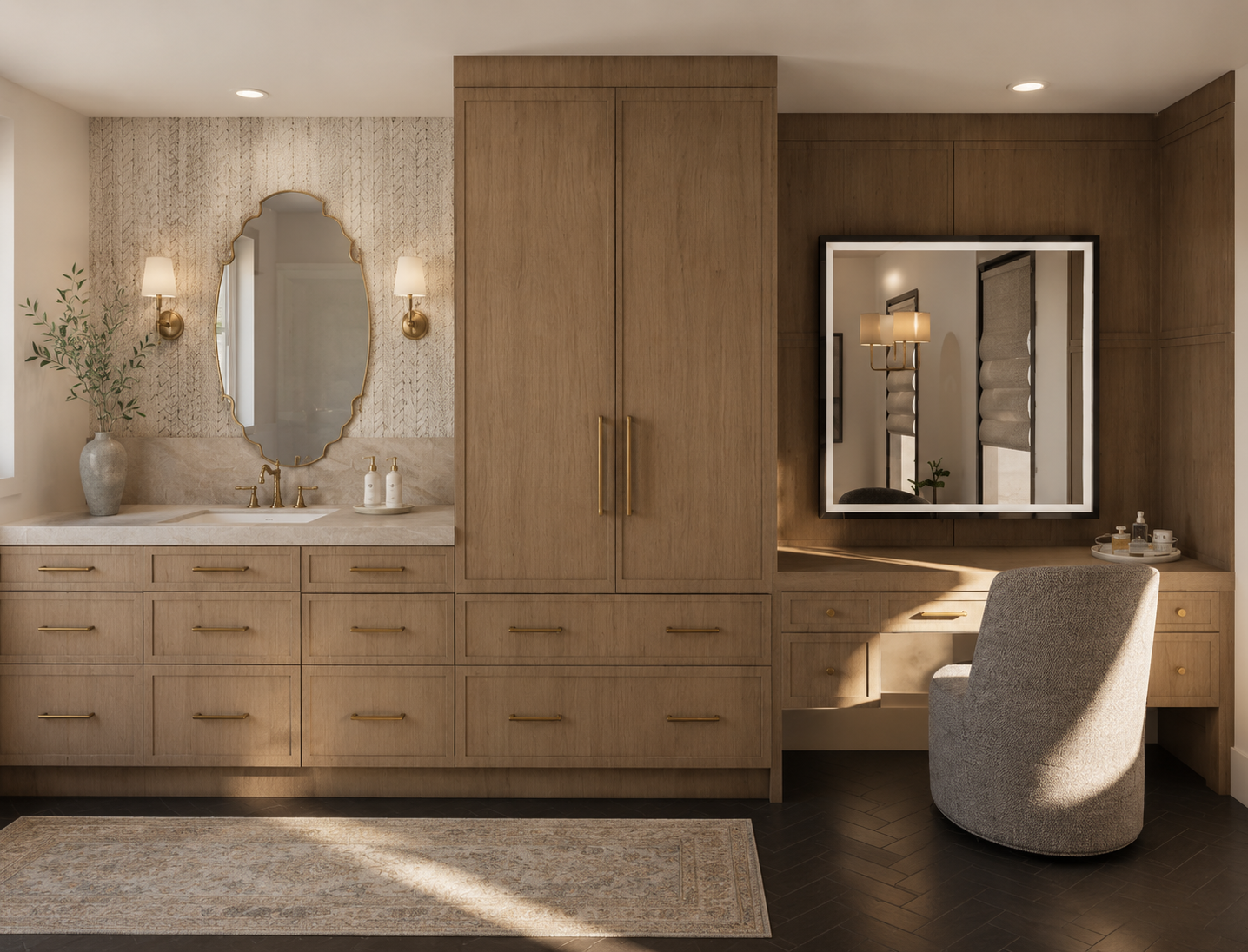 A bedroom vanity area with wooden cabinetry, a large mirror with an LED frame, a cushioned chair, a small desk, a potted plant, and a marble countertop with a sink and soap dispensers. The room features natural lighting, warm tones, and decorative wa