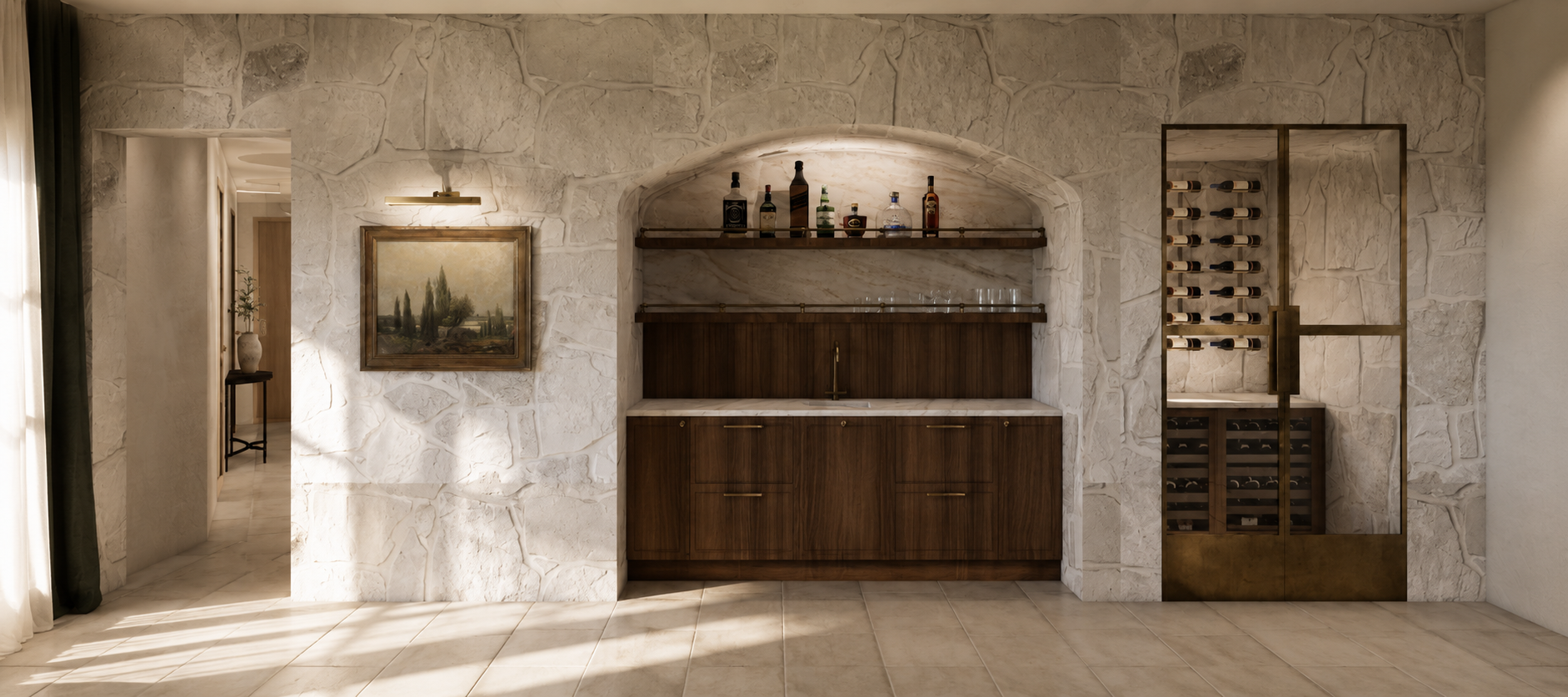 Home bar with a stone wall backdrop, wooden cabinetry, a marble countertop, and mounted shelves with liquor bottles and glasses. A framed landscape painting is on the wall nearby.
